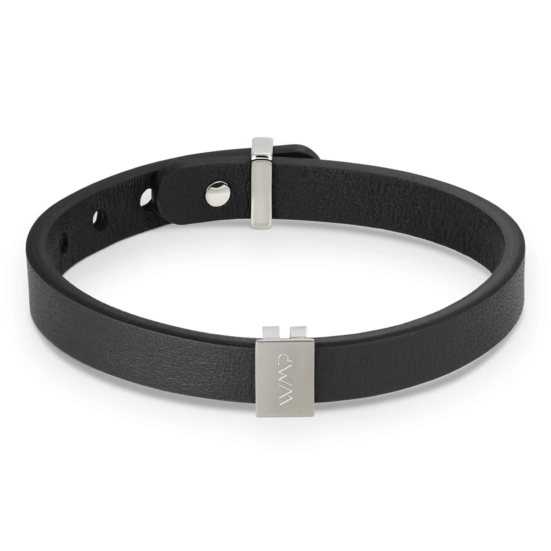 Gun Metal / Black Leather || Black Leather Cuff Bracelet with Gunmetal Metal Accents on a white background.