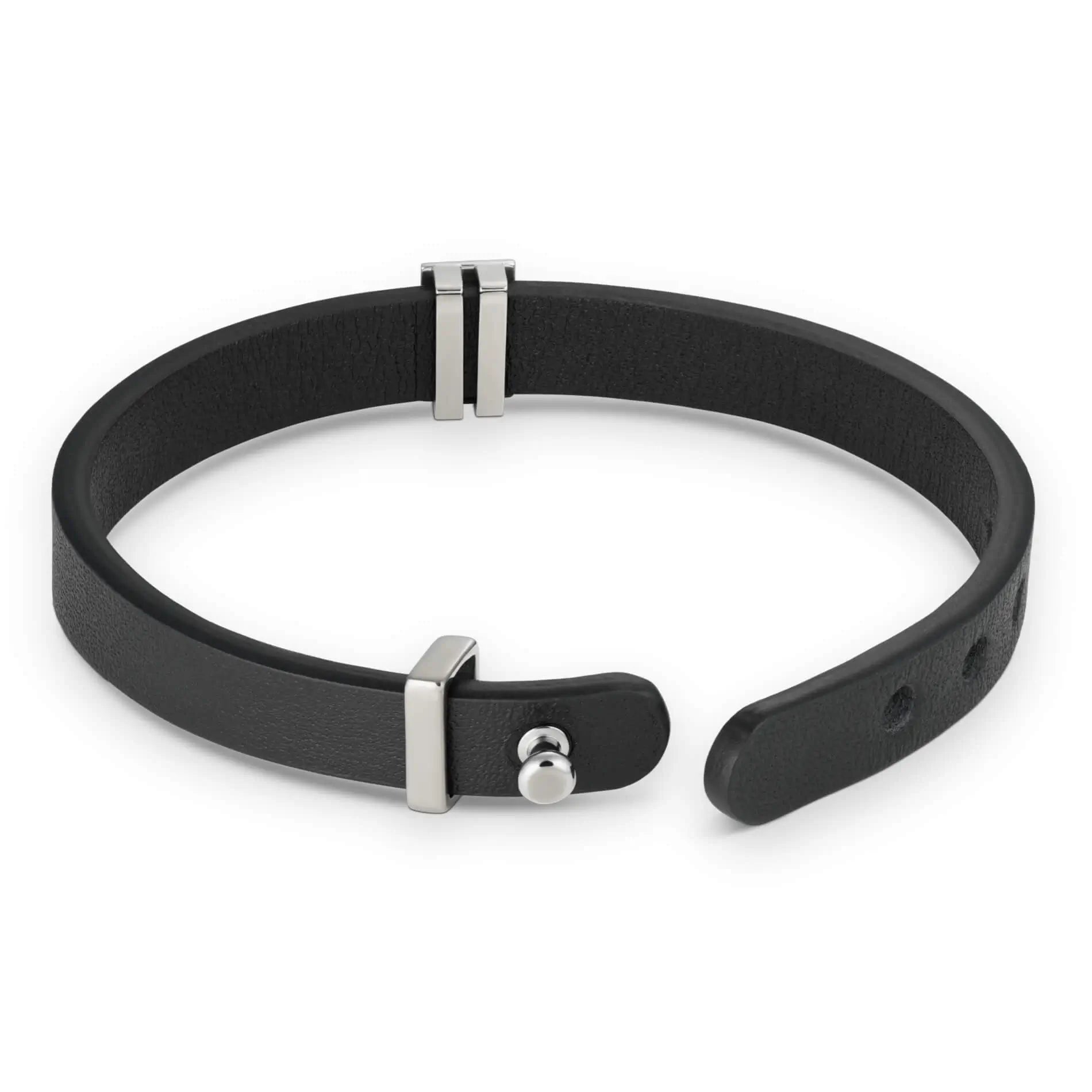 Gun Metal / Black Leather || Back view of Black Leather Cuff Bracelet with Gunmetal Metal Accents on a white background. 