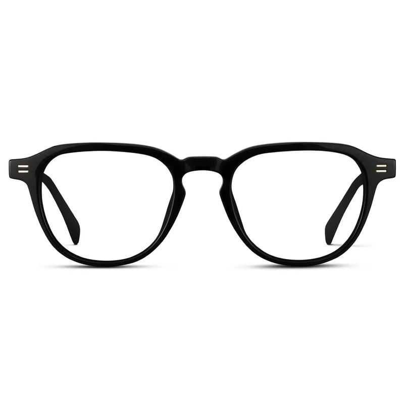 Black || Men's Round Prescription Glasses with Black Frame and Clear Lenses on a white background