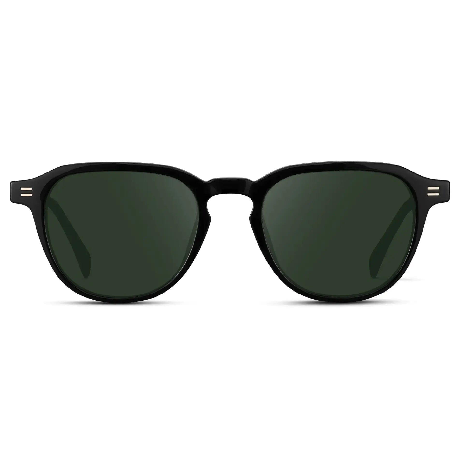 Black / G15 || Men's Round Prescription Sunglasses with Black Frame and Green Lenses on a white background
