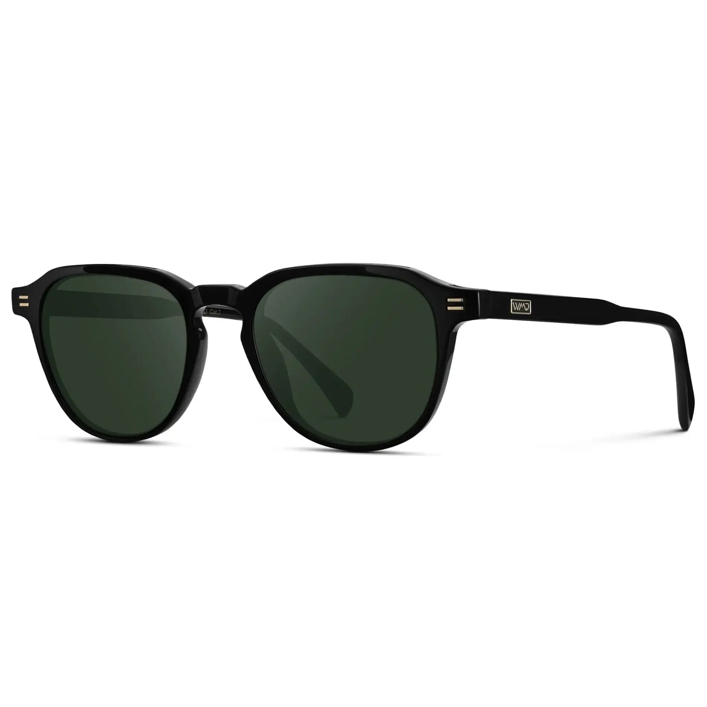 Black / G15 || Side view of Men's Round Prescription Sunglasses with Black Frame and Green Lenses on a white background