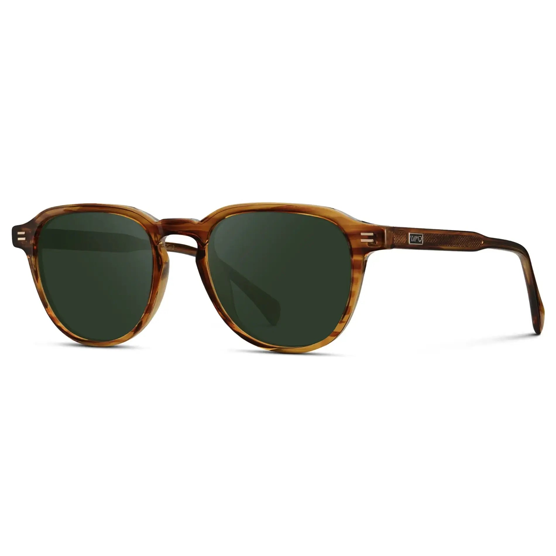 Golden Brown Grain / G15 || Side view of Men's Round Prescription Sunglasses with Golden Brown Grain Frame and Green Lenses on a white background