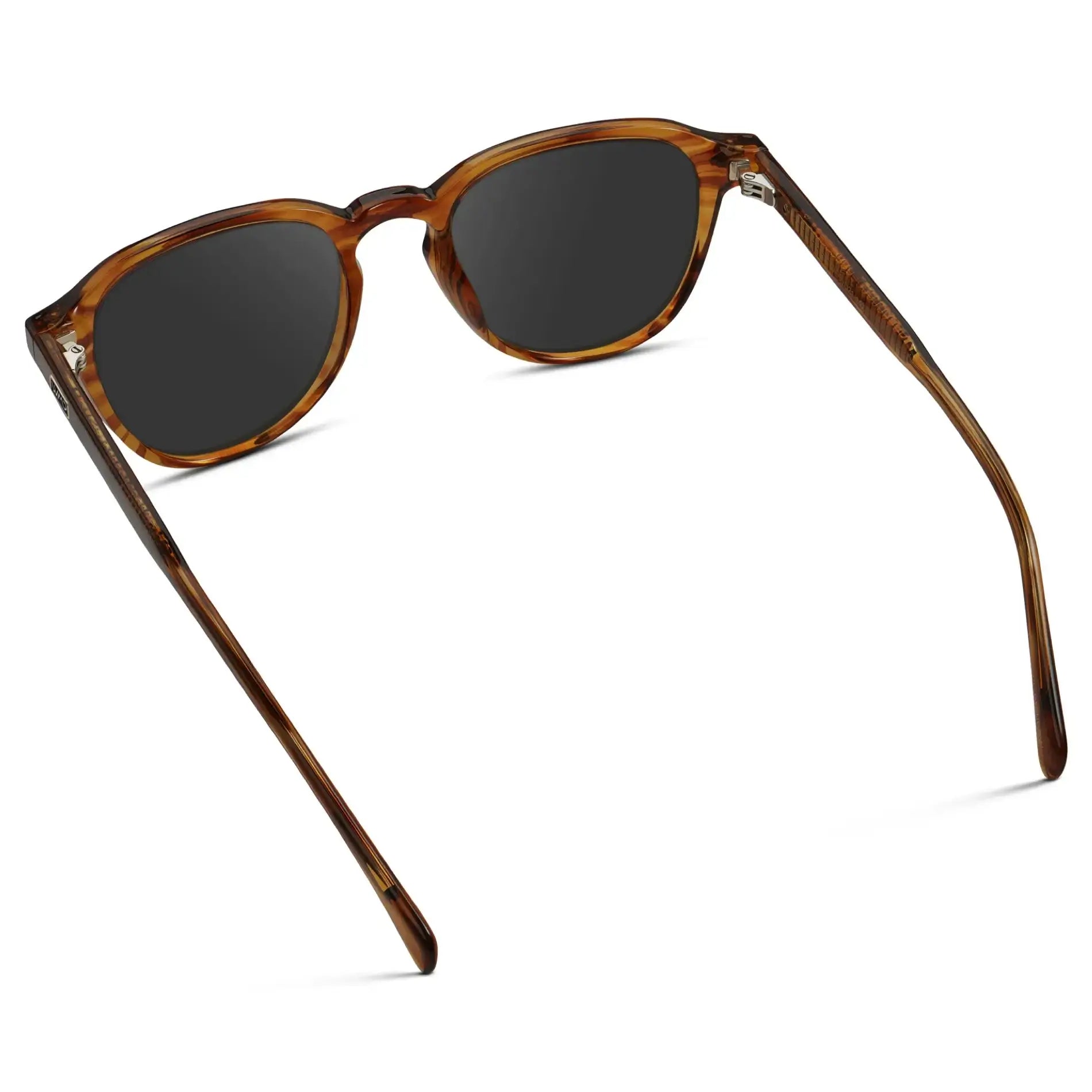 Golden Brown Grain / Grey || Back view of Men's Round Prescription Sunglasses with Golden Brown Grain Frame and Grey Lenses on a white background