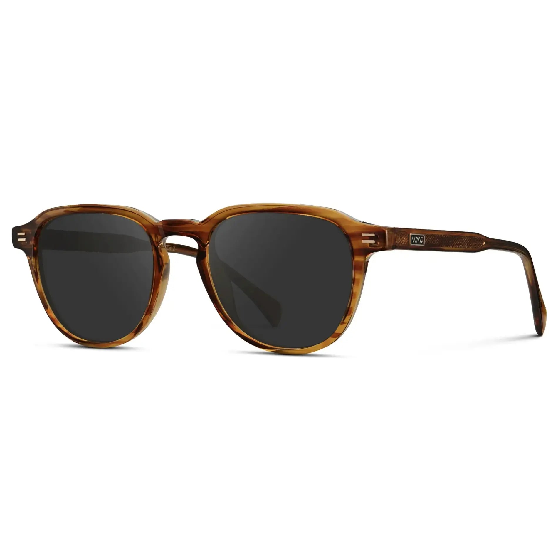 Golden Brown Grain / Grey || Side view of Men's Round Prescription Sunglasses with Golden Brown Grain Frame and Grey Lenses on a white background