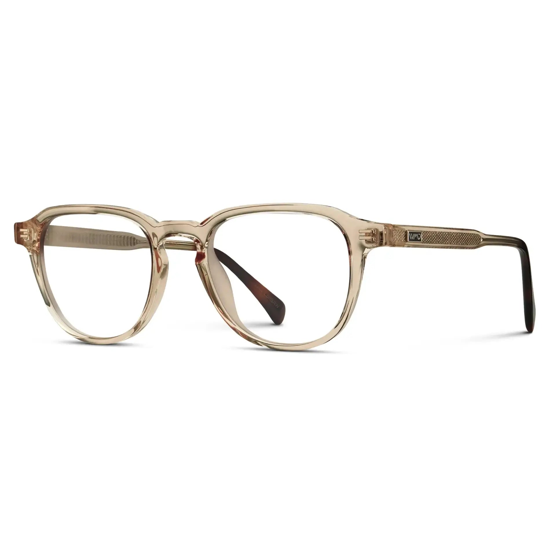 Sand Brown || Side view of Men's Round Prescription Glasses with Sand Brown Frame and Clear Lenses on a white background