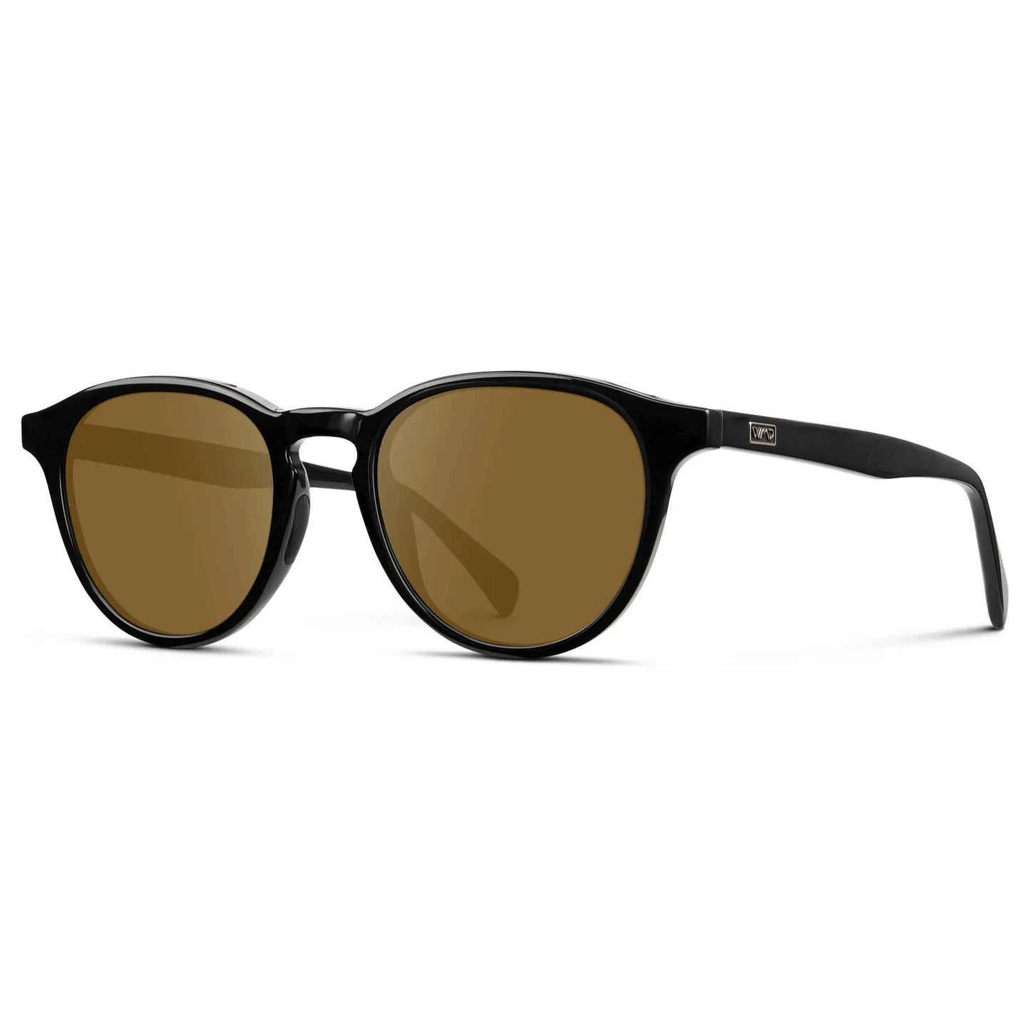 Black / Amber || side view of Unisex Round Performance Prescription Sunglasses with Black Acetate Frame and Amber Lens on a white background