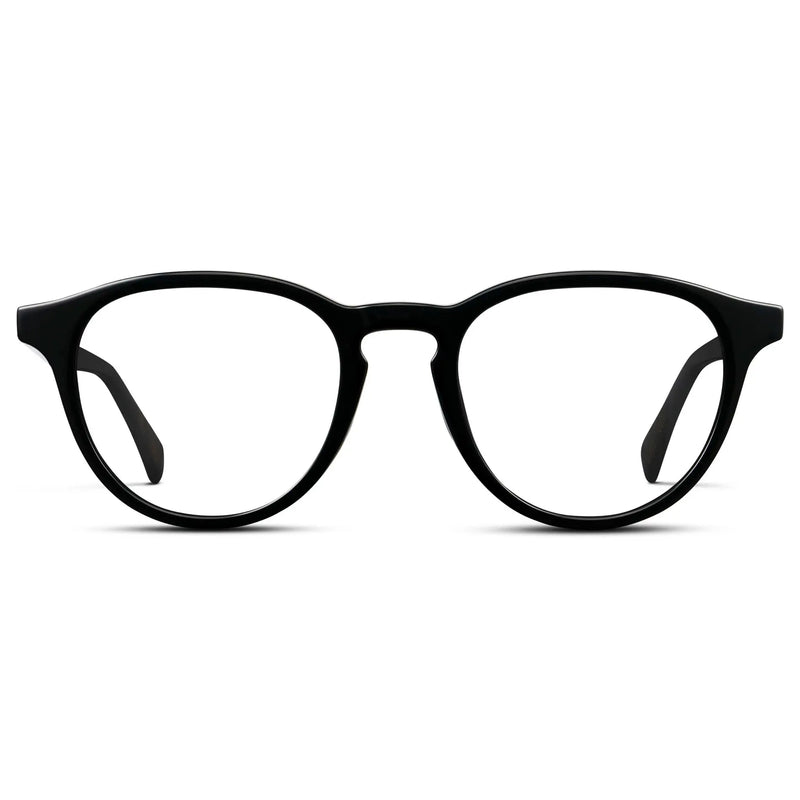Black || Unisex Round Performance Eyeglasses with Black Acetate Frame and Clear Prescription Lens on a white background
