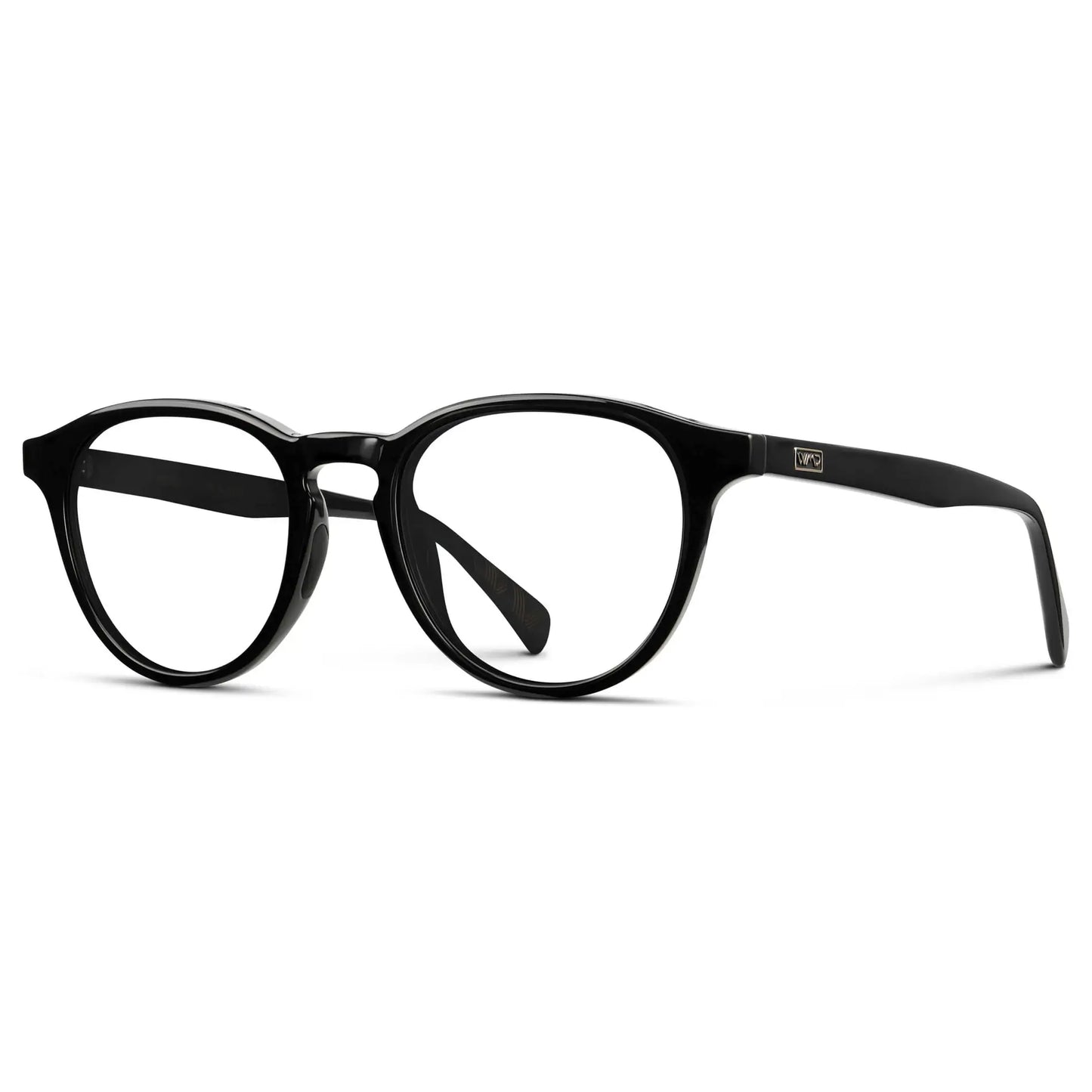 Black || Side view of Unisex Round Performance Eyeglasses with Black Acetate Frame and Clear Prescription Lens on a white background