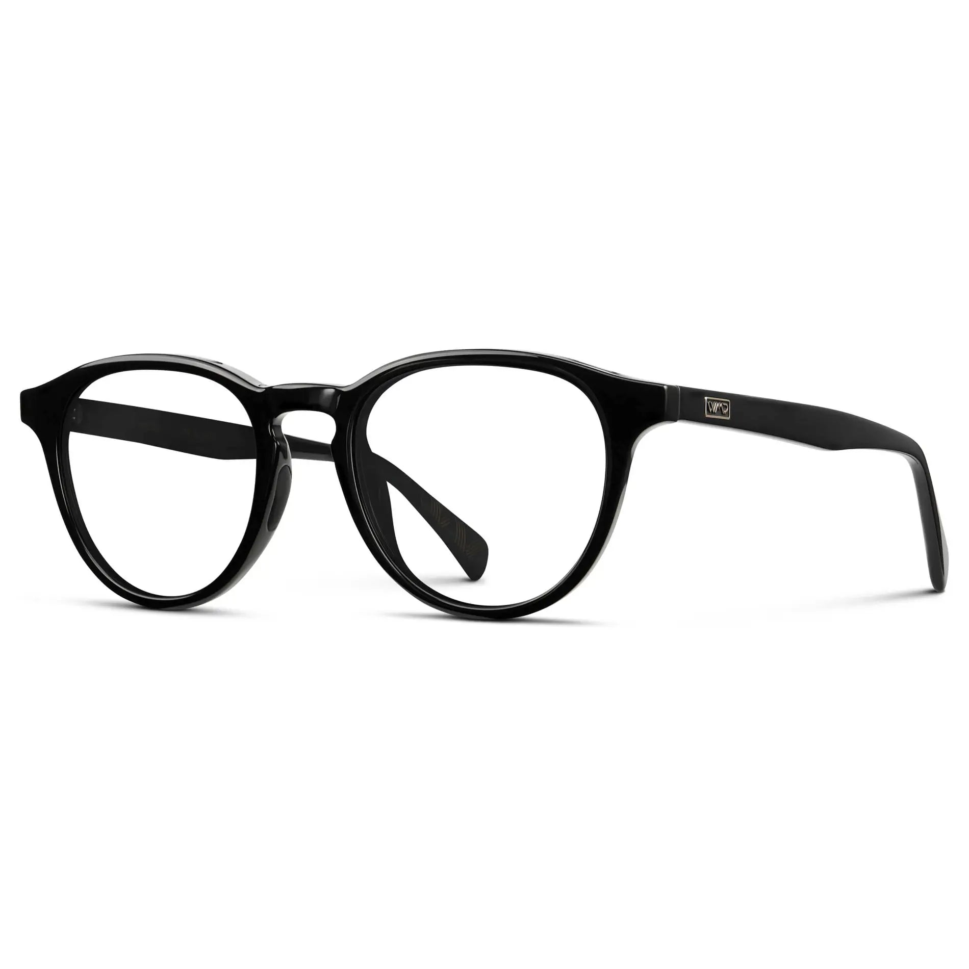 Black || Side view of Unisex Round Performance Eyeglasses with Black Acetate Frame and Clear Prescription Lens on a white background