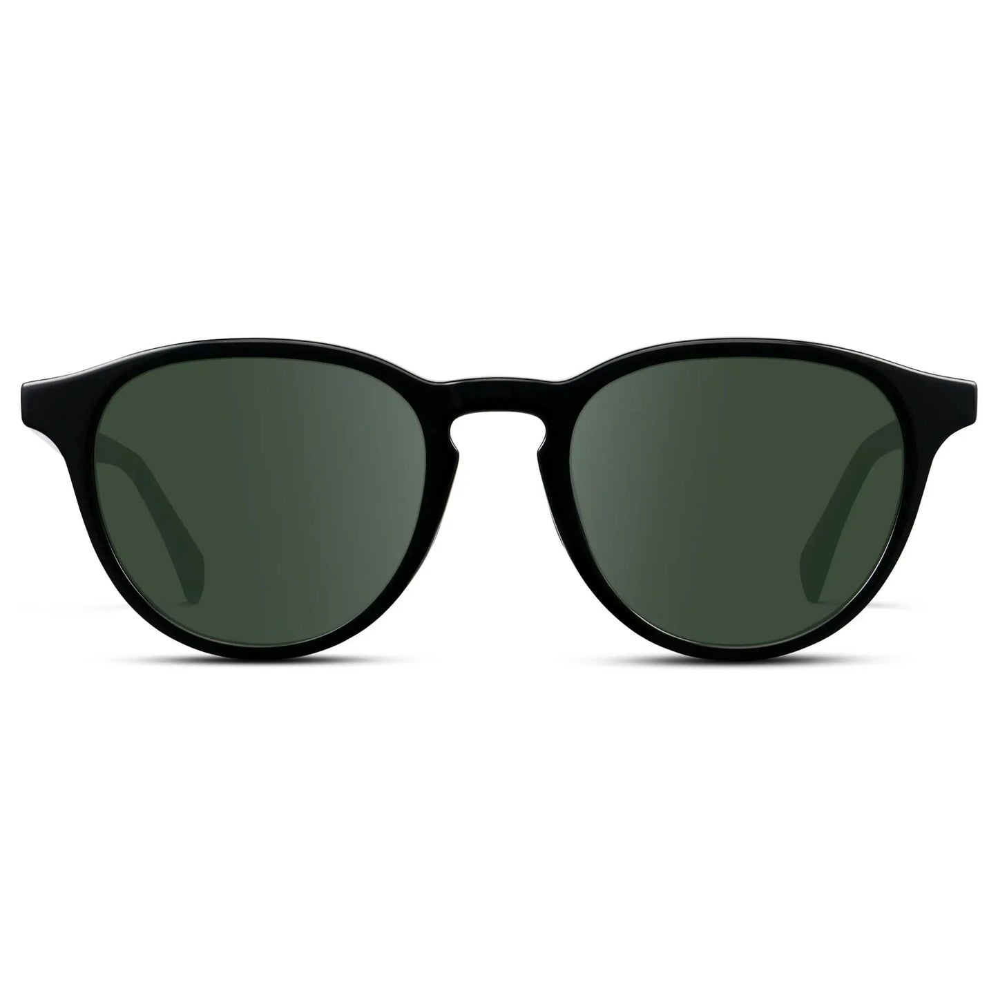 Black / G15 || Unisex Round Performance Prescription Sunglasses with Black Acetate Frame and Green Lens on a white background 