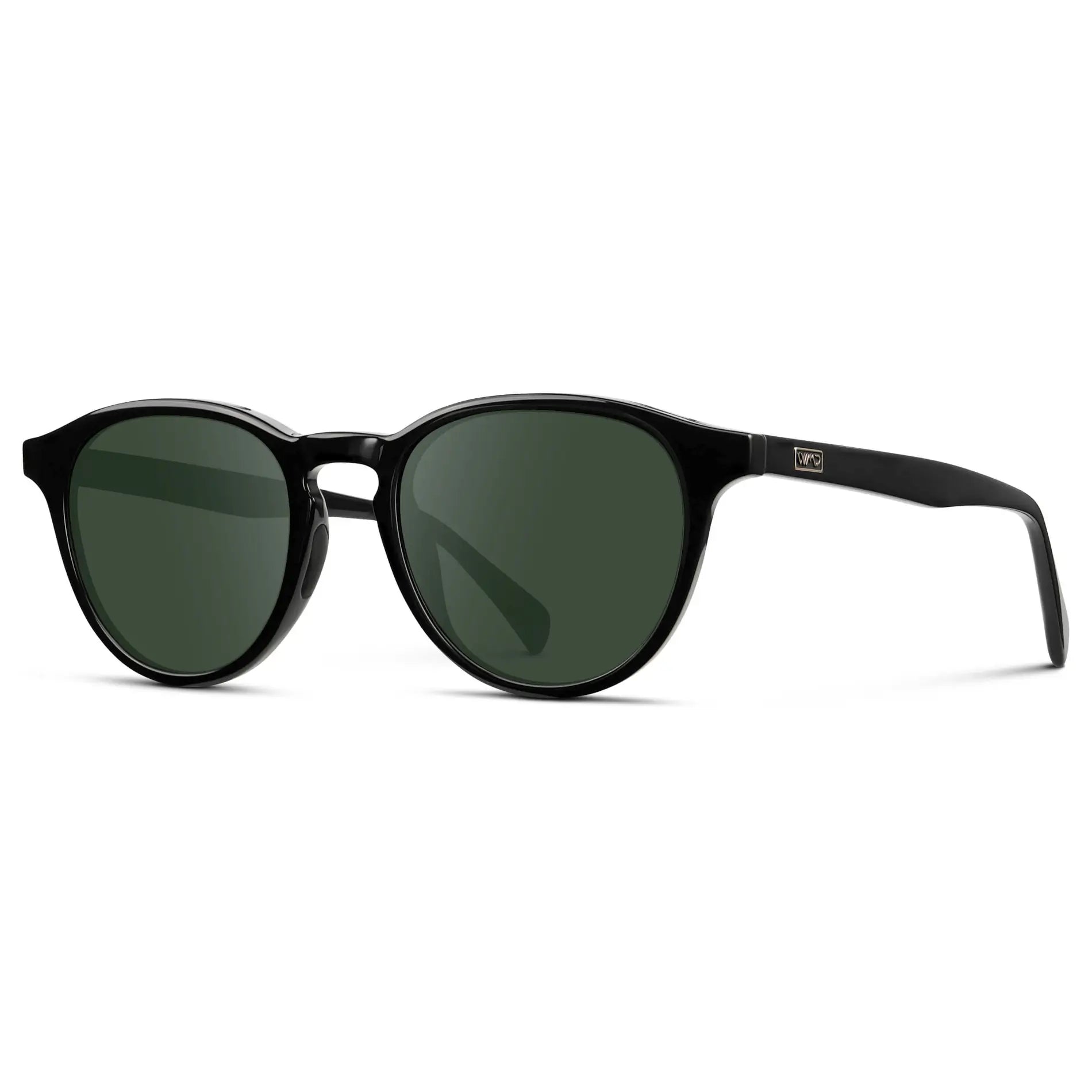 Black / G15 || Side view of Unisex Round Performance Prescription Sunglasses with Black Acetate Frame and Green Lens on a white background 