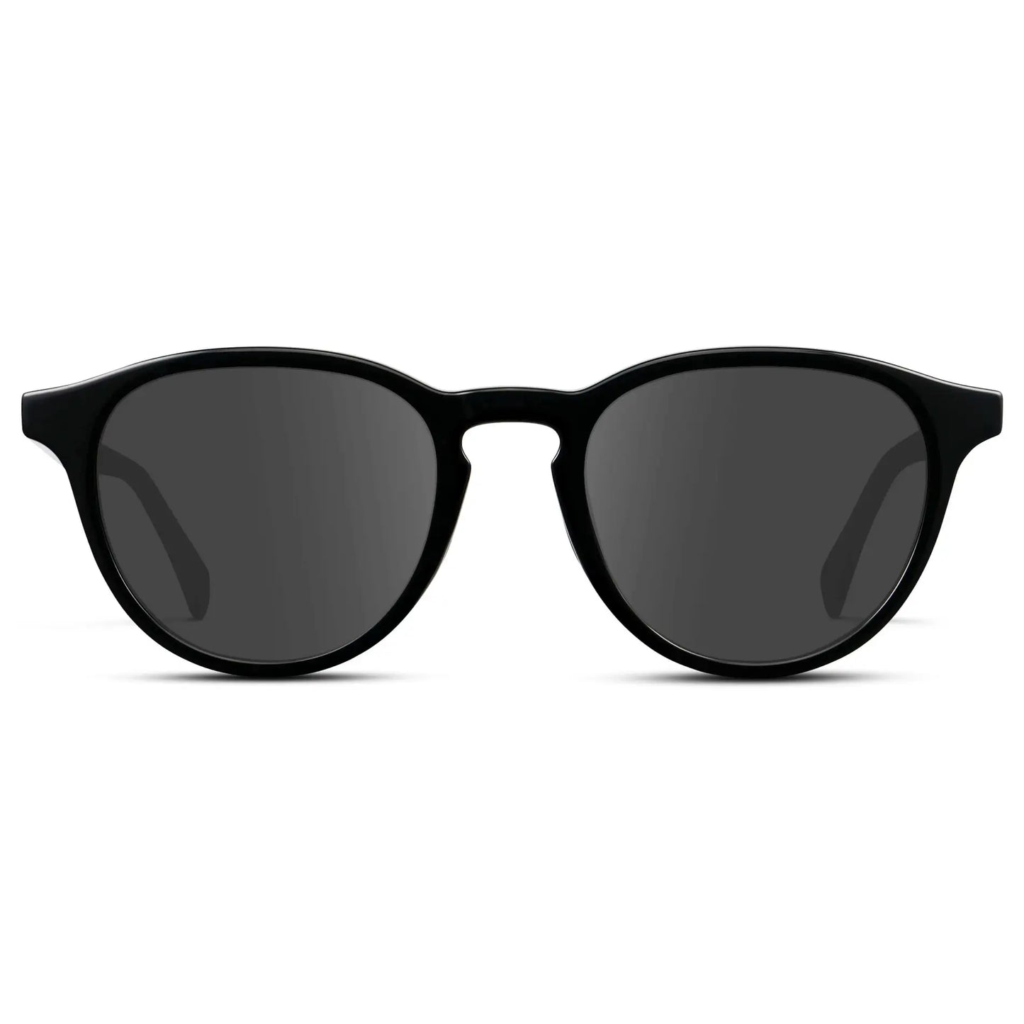 Black / Grey || Unisex Round Performance Prescription Sunglasses with Black Acetate Frame and Grey Lens on a white background