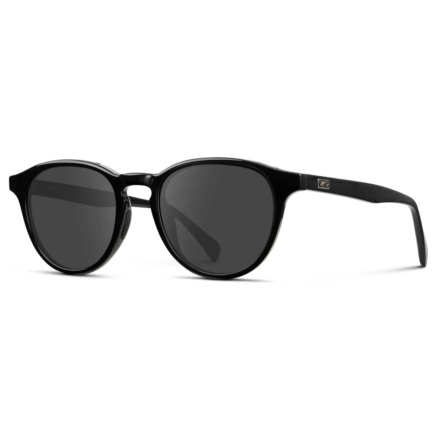 Black / Grey || Side view of Unisex Round Performance Prescription Sunglasses with Black Acetate Frame and Grey Lens on a white background