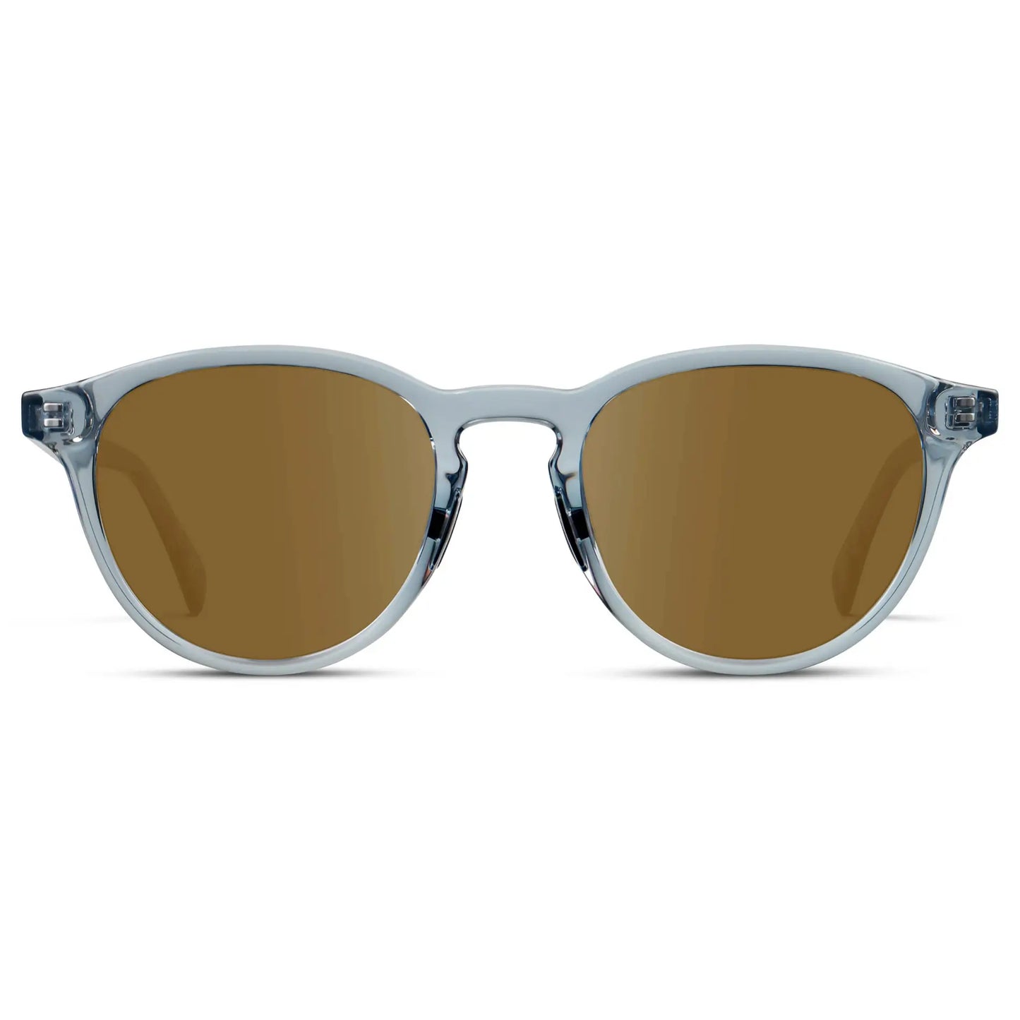 Denim Blue / Amber || Unisex Round Performance Prescription Sunglasses with Blue Acetate Frame and Amber Lens on a white background 