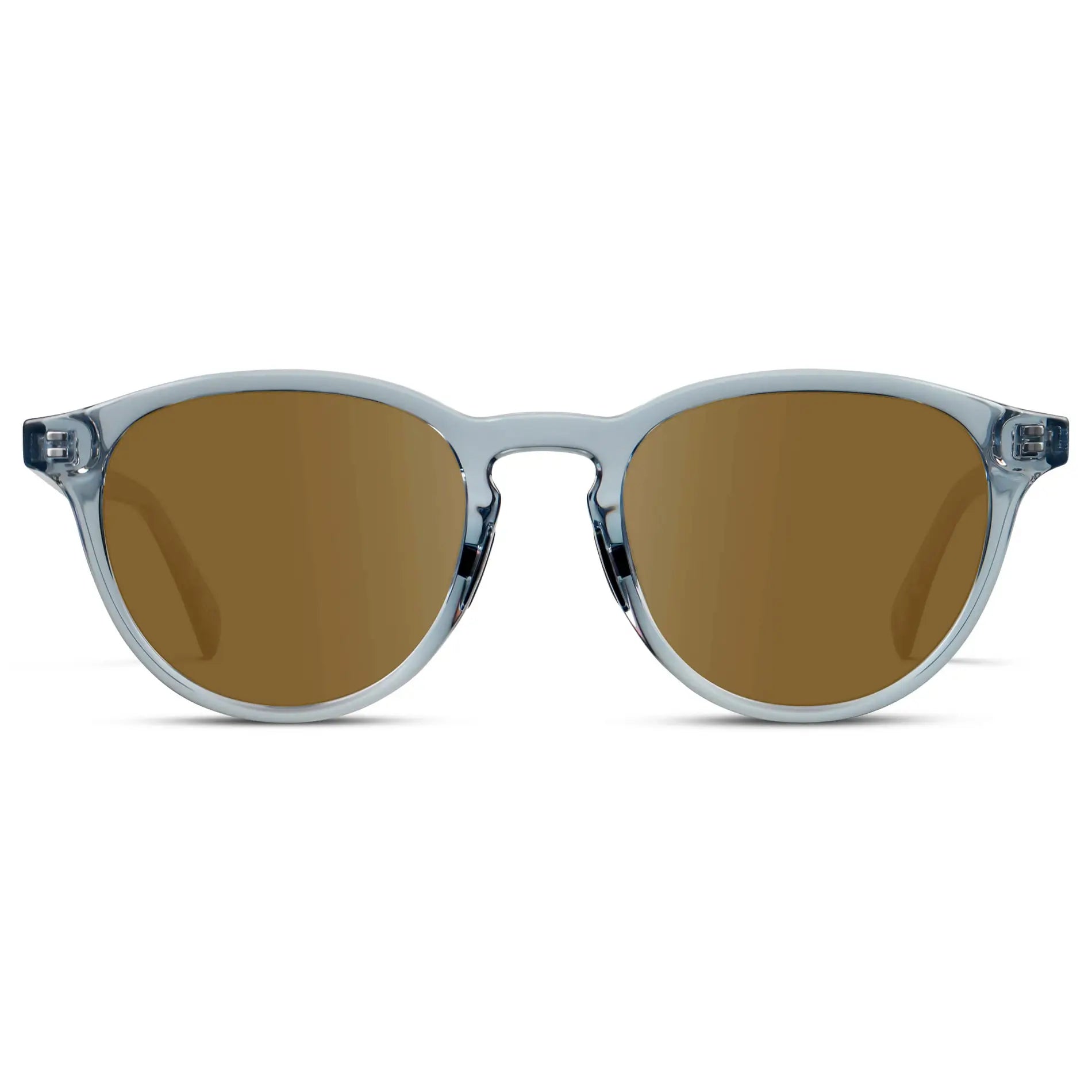 Denim Blue / Amber || Unisex Round Performance Prescription Sunglasses with Blue Acetate Frame and Amber Lens on a white background 