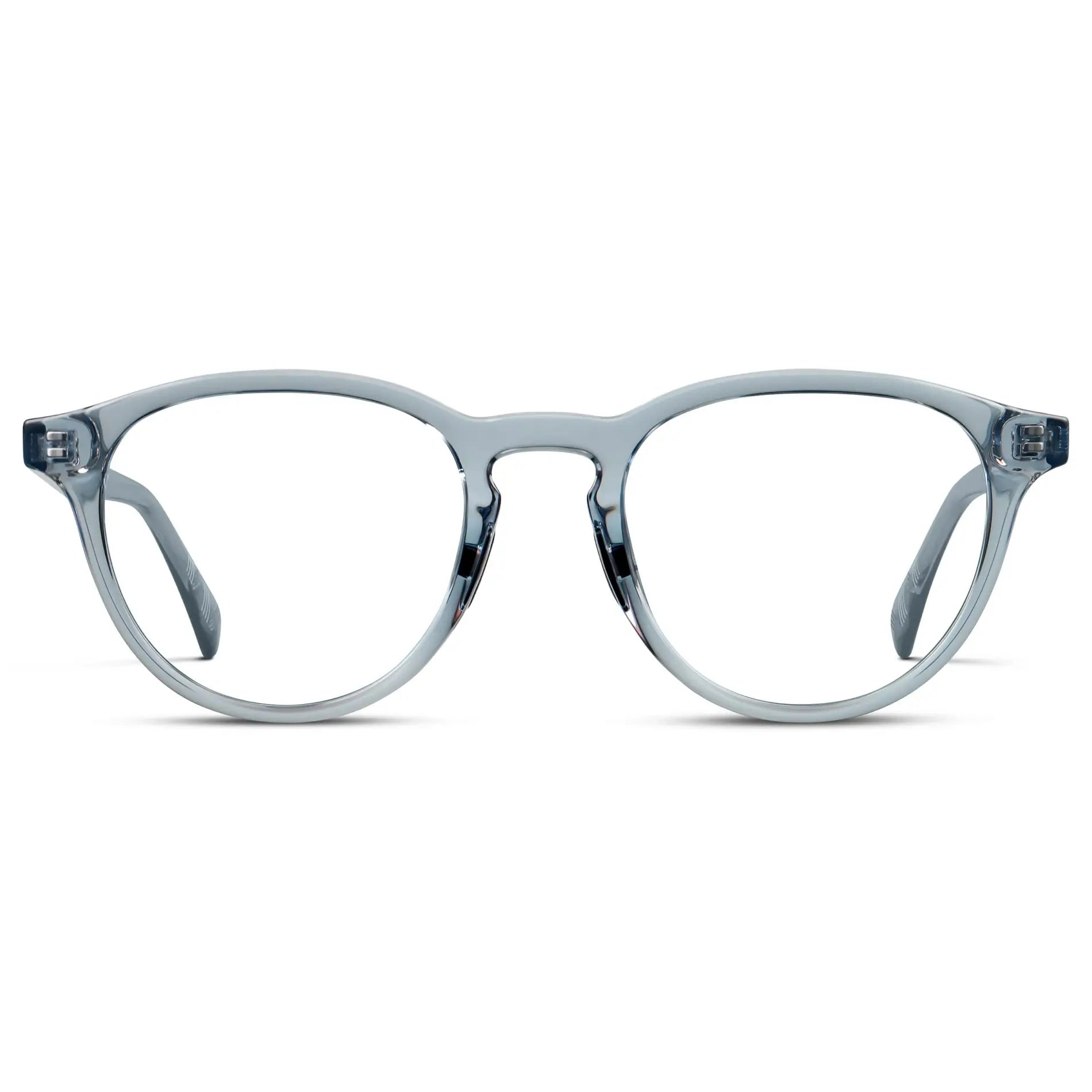 Denim Blue || Unisex Round Performance Eyeglasses with Denim Blue Acetate Frame and Clear Prescription Lens on a white background