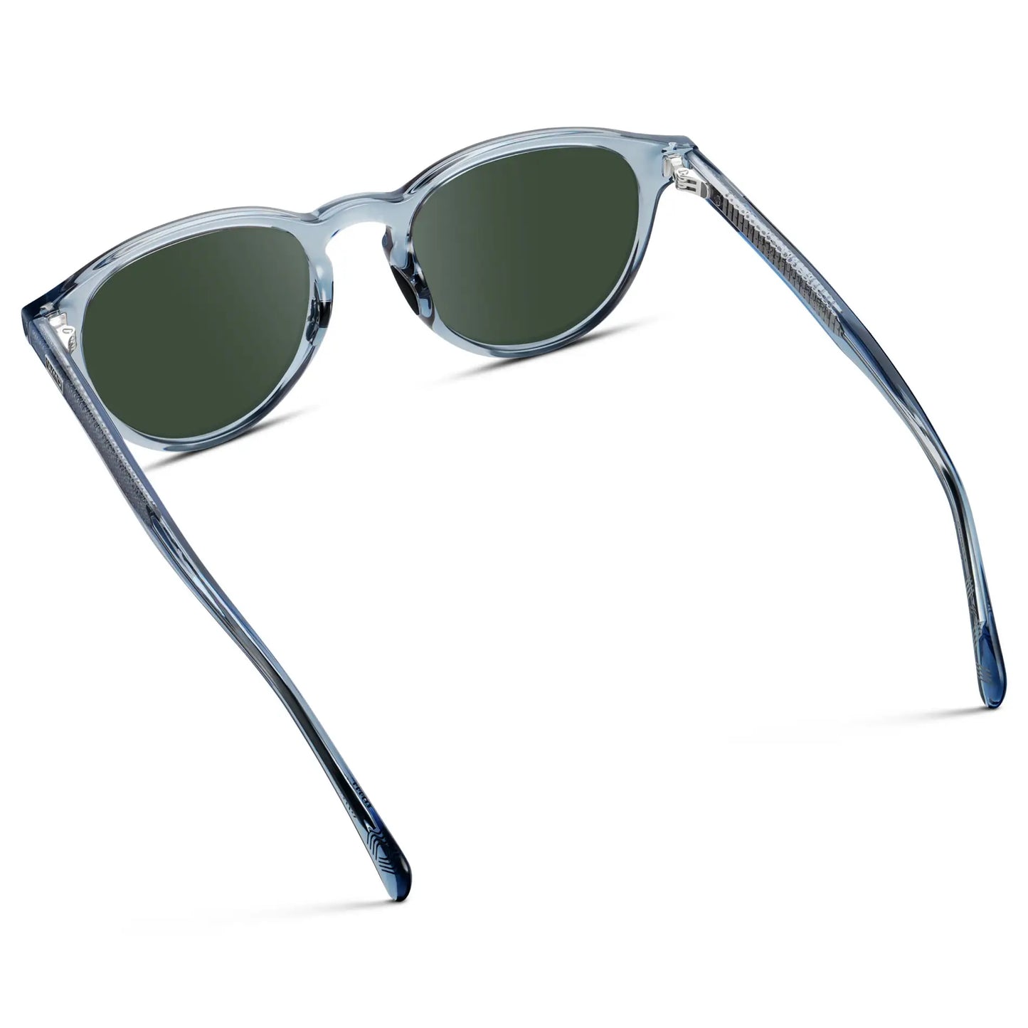 Denim Blue / G15 || Back view of Unisex Round Performance Prescription Sunglasses with Blue Acetate Frame and Green Lens on a white background 