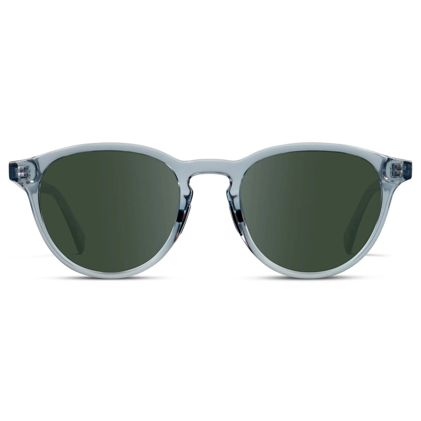 Denim Blue / G15 || Unisex Round Performance Prescription Sunglasses with Blue Acetate Frame and Green Lens on a white background 