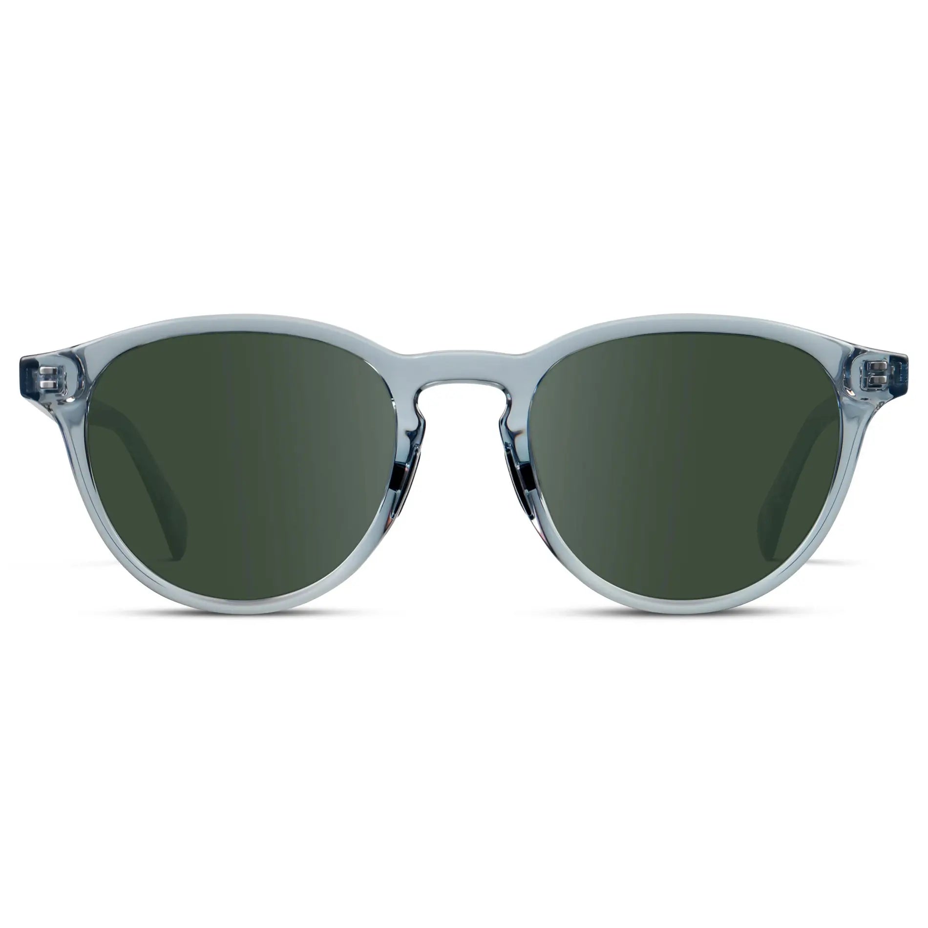 Denim Blue / G15 || Unisex Round Performance Prescription Sunglasses with Blue Acetate Frame and Green Lens on a white background 