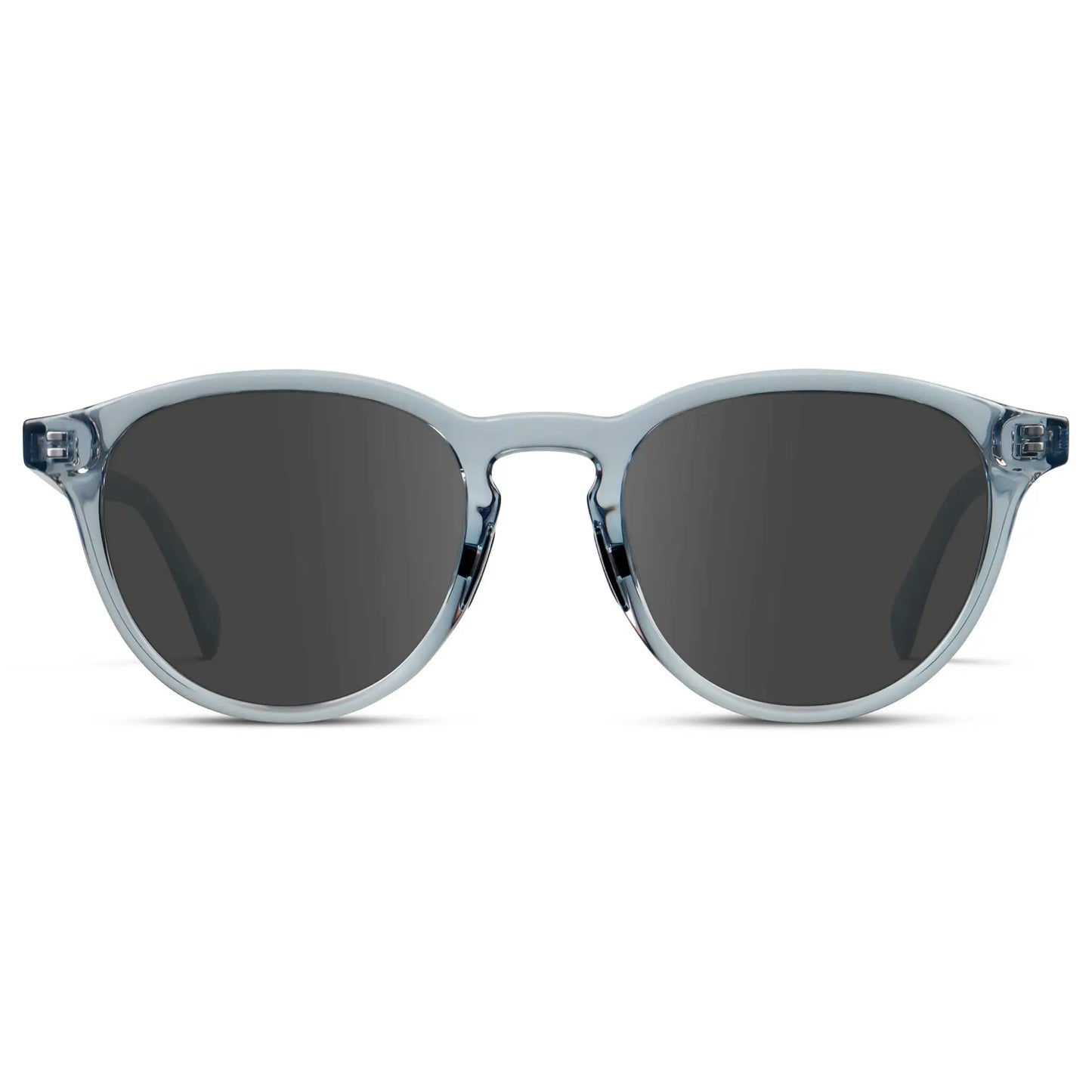 Denim Blue / Grey || Unisex Round Performance Prescription Sunglasses with Blue Acetate Frame and Grey Lens on a white background 