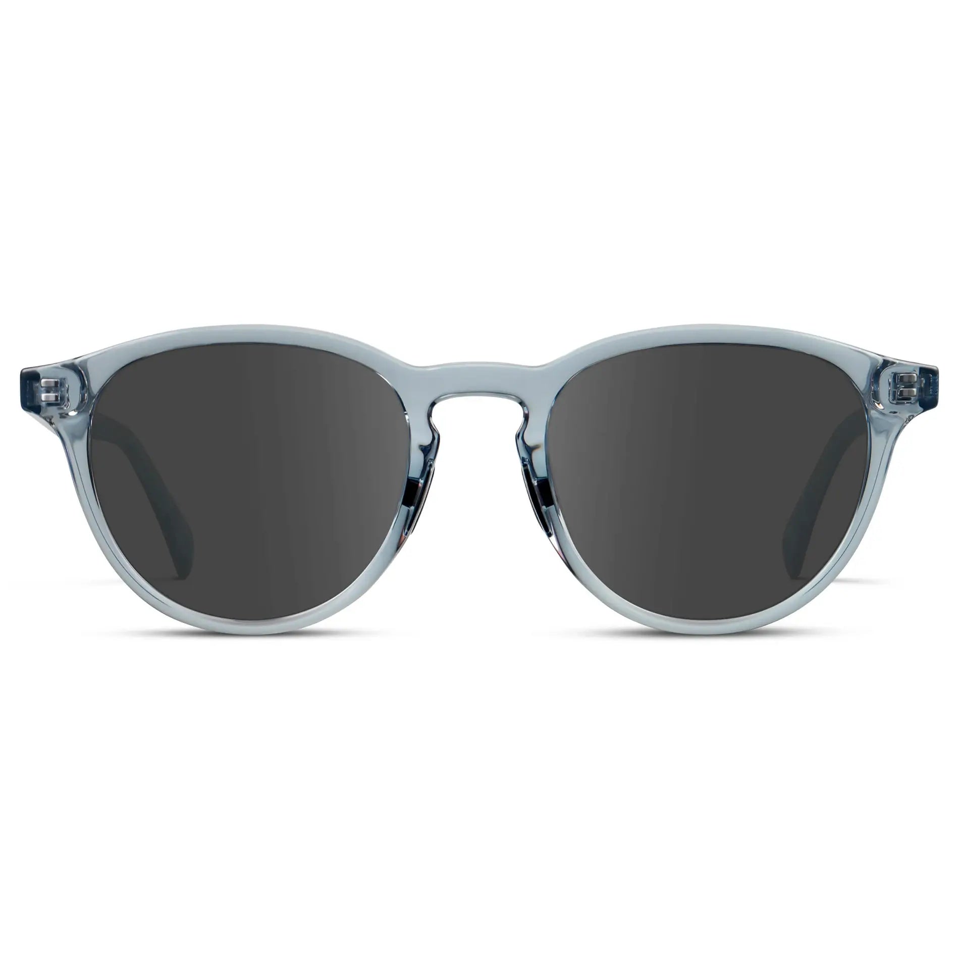 Denim Blue / Grey || Unisex Round Performance Prescription Sunglasses with Blue Acetate Frame and Grey Lens on a white background 