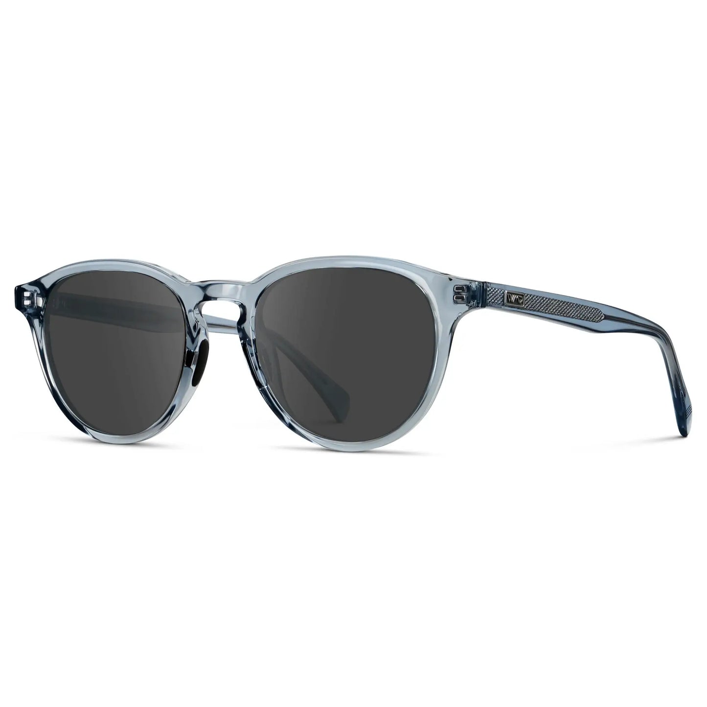 Denim Blue / Grey || Side view of Unisex Round Performance Prescription Sunglasses with Blue Acetate Frame and Grey Lens on a white background 