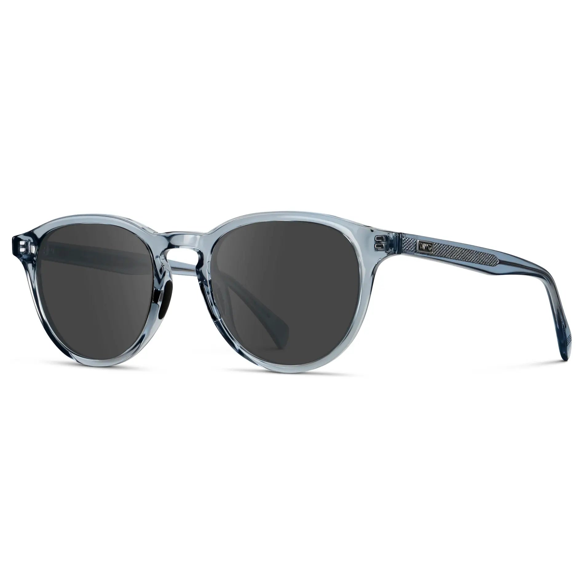 Denim Blue / Grey || Side view of Unisex Round Performance Prescription Sunglasses with Blue Acetate Frame and Grey Lens on a white background 