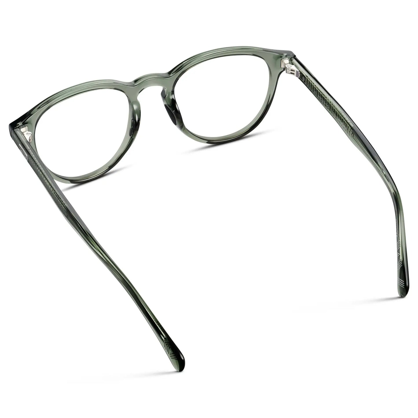 Crystal Agave Green || Back view of Unisex Round Performance Eyeglasses with Crystal Agave Green Acetate Frame and Clear Prescription Lens on a white background
