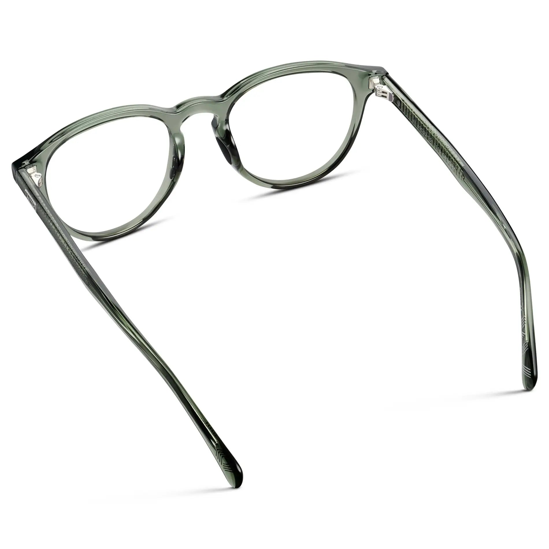 Crystal Agave Green || Back view of Unisex Round Performance Eyeglasses with Crystal Agave Green Acetate Frame and Clear Prescription Lens on a white background