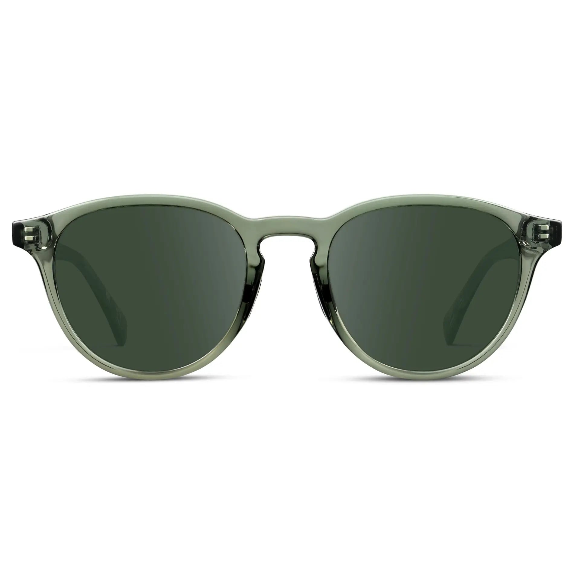 Crystal Agave Green / G15 || Unisex Round Performance Prescription Sunglasses with Green Acetate Frame and Green Lens on a white background 