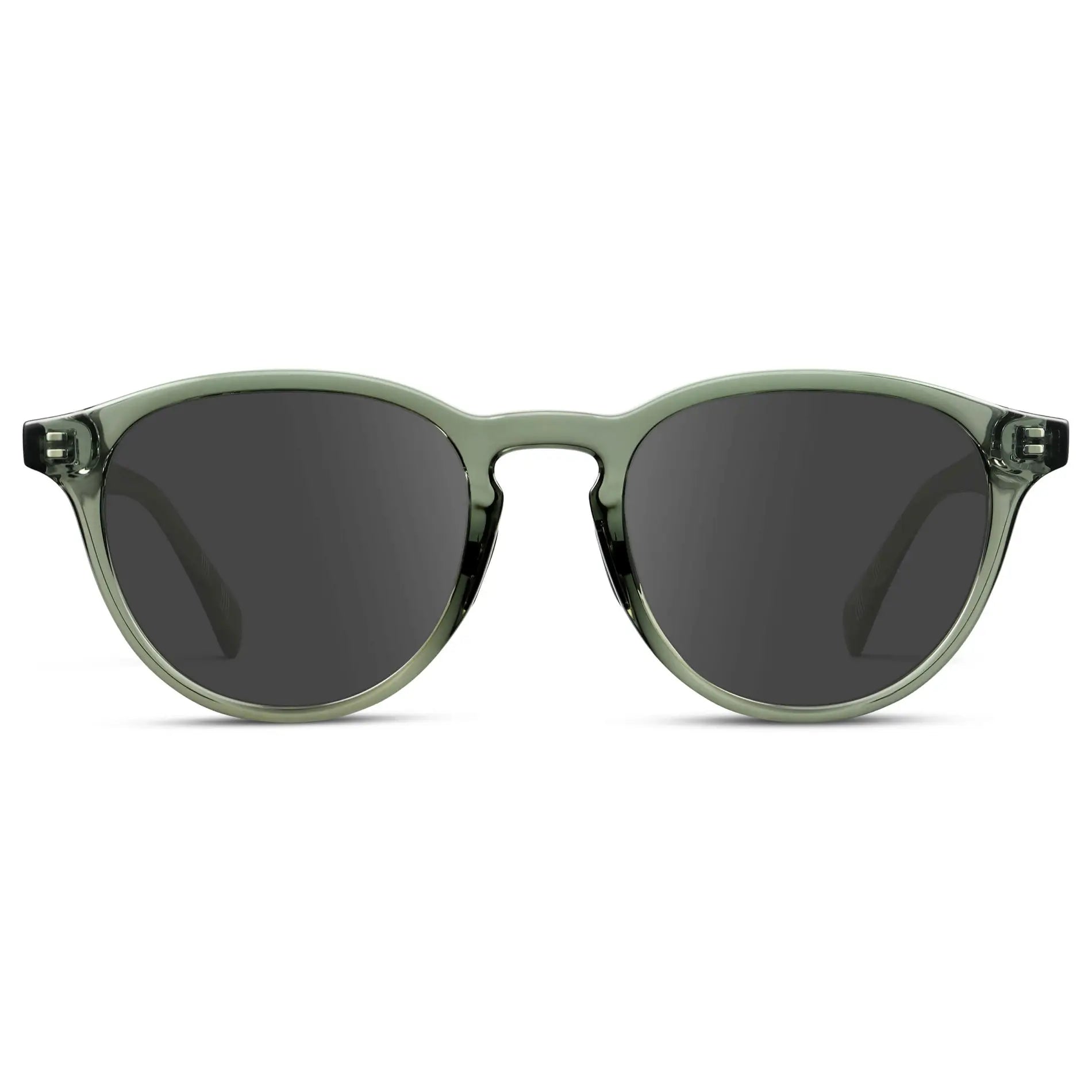 Crystal Agave Green / Grey || Unisex Round Performance Prescription Sunglasses with Green Acetate Frame and Grey Lens on a white background 