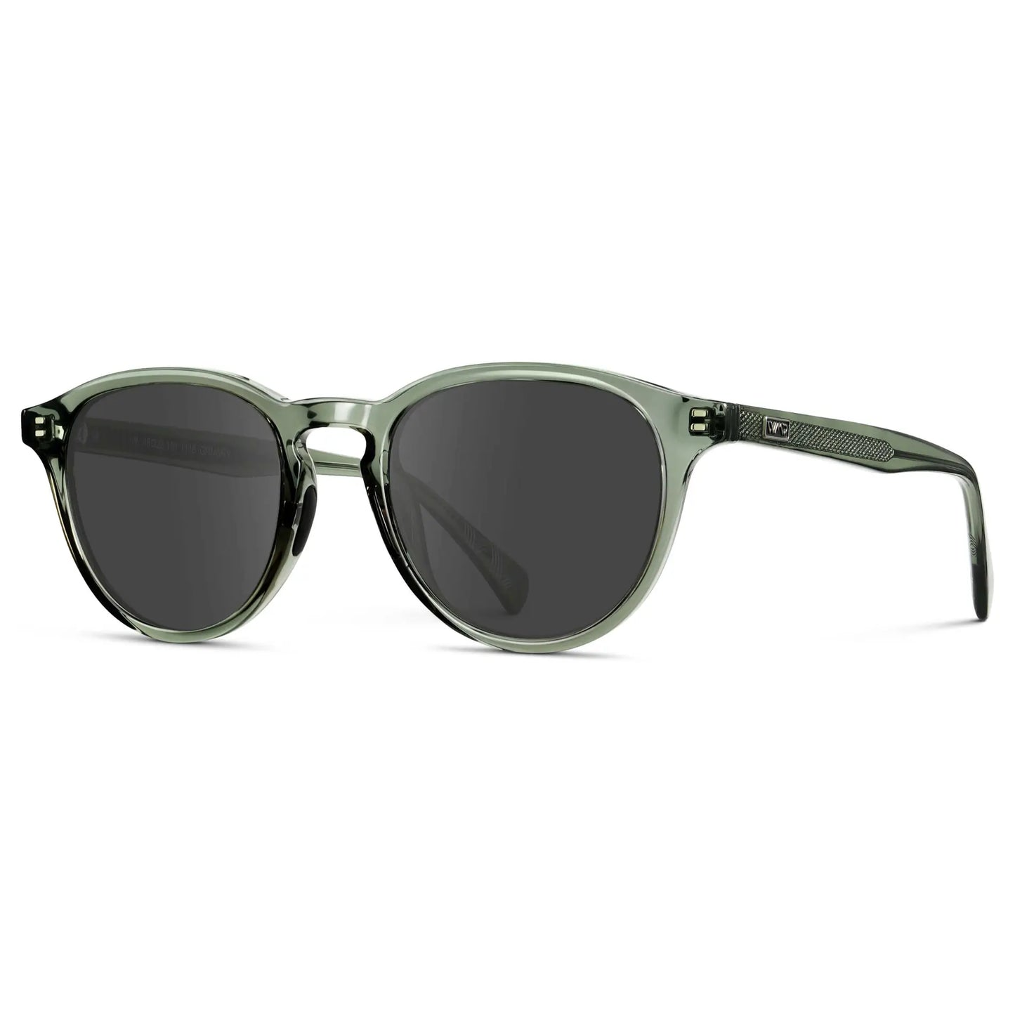 Crystal Agave Green / Grey || Side view of Unisex Round Performance Prescription Sunglasses with Green Acetate Frame and Grey Lens on a white background 