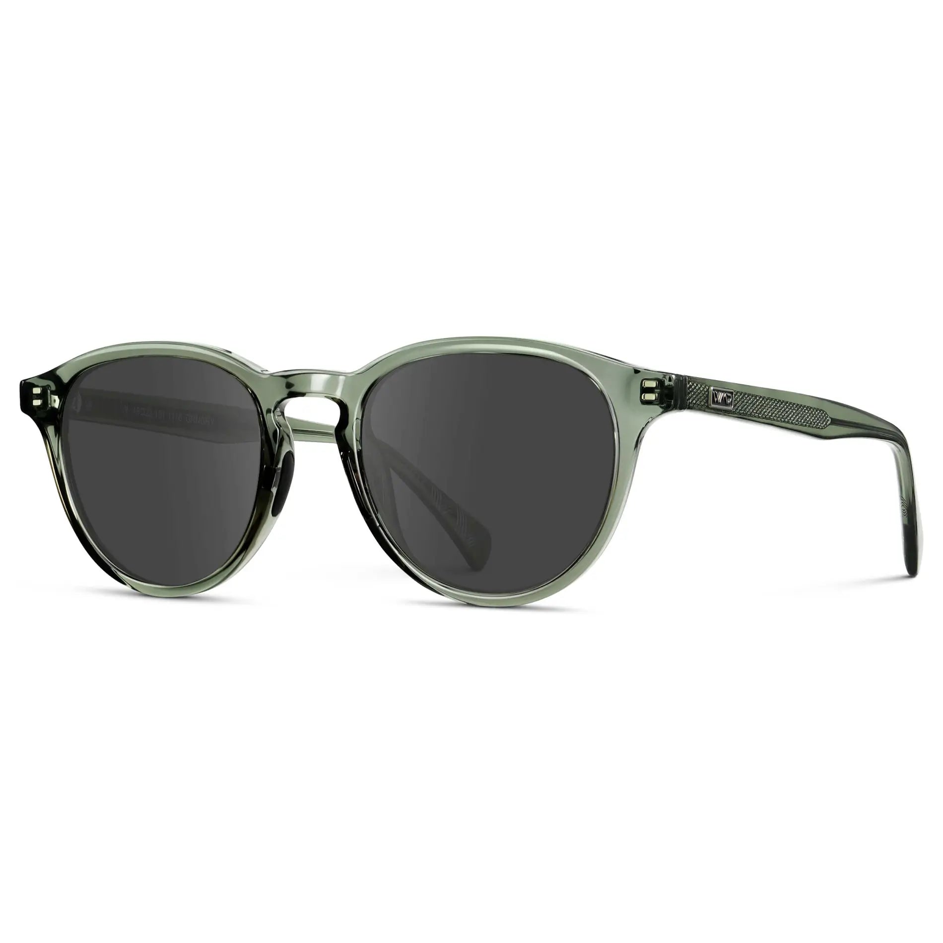 Crystal Agave Green / Grey || Side view of Unisex Round Performance Prescription Sunglasses with Green Acetate Frame and Grey Lens on a white background 