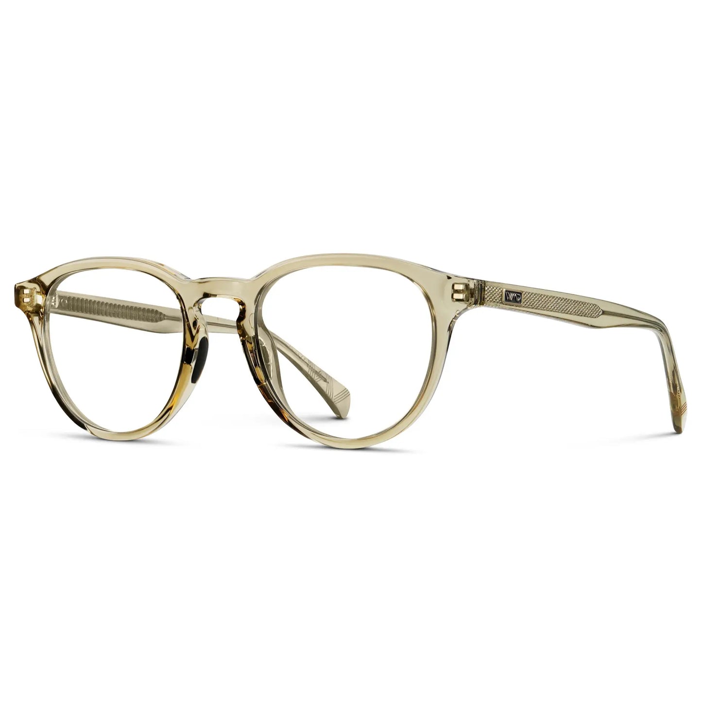 Iris Yellow || Side view of Unisex Round Performance Eyeglasses with Yellow Acetate Frame and Clear Prescription Lens on a white background