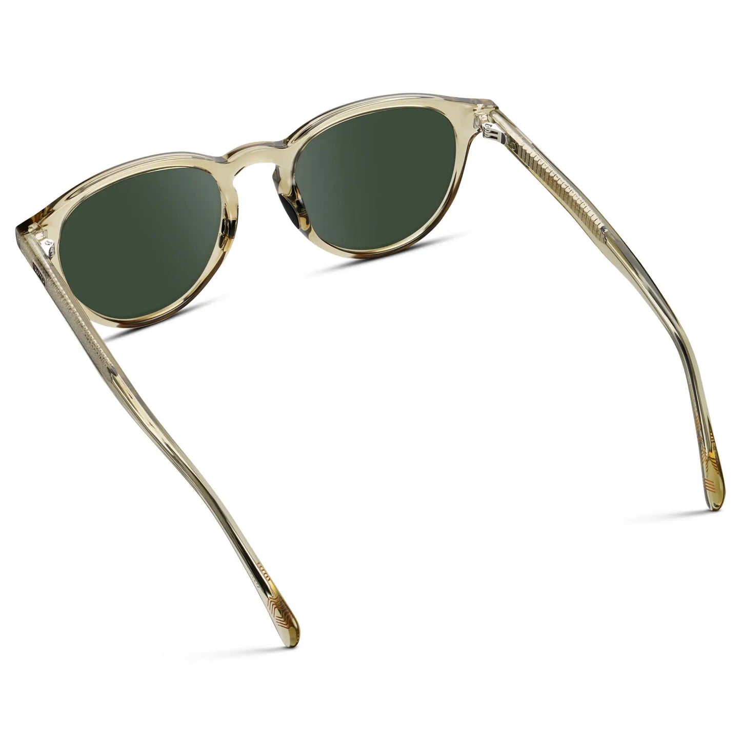 Iris Yellow / G15 || Back view of Unisex Round Performance Prescription Sunglasses with Yellow Acetate Frame and Green Lens on a white background