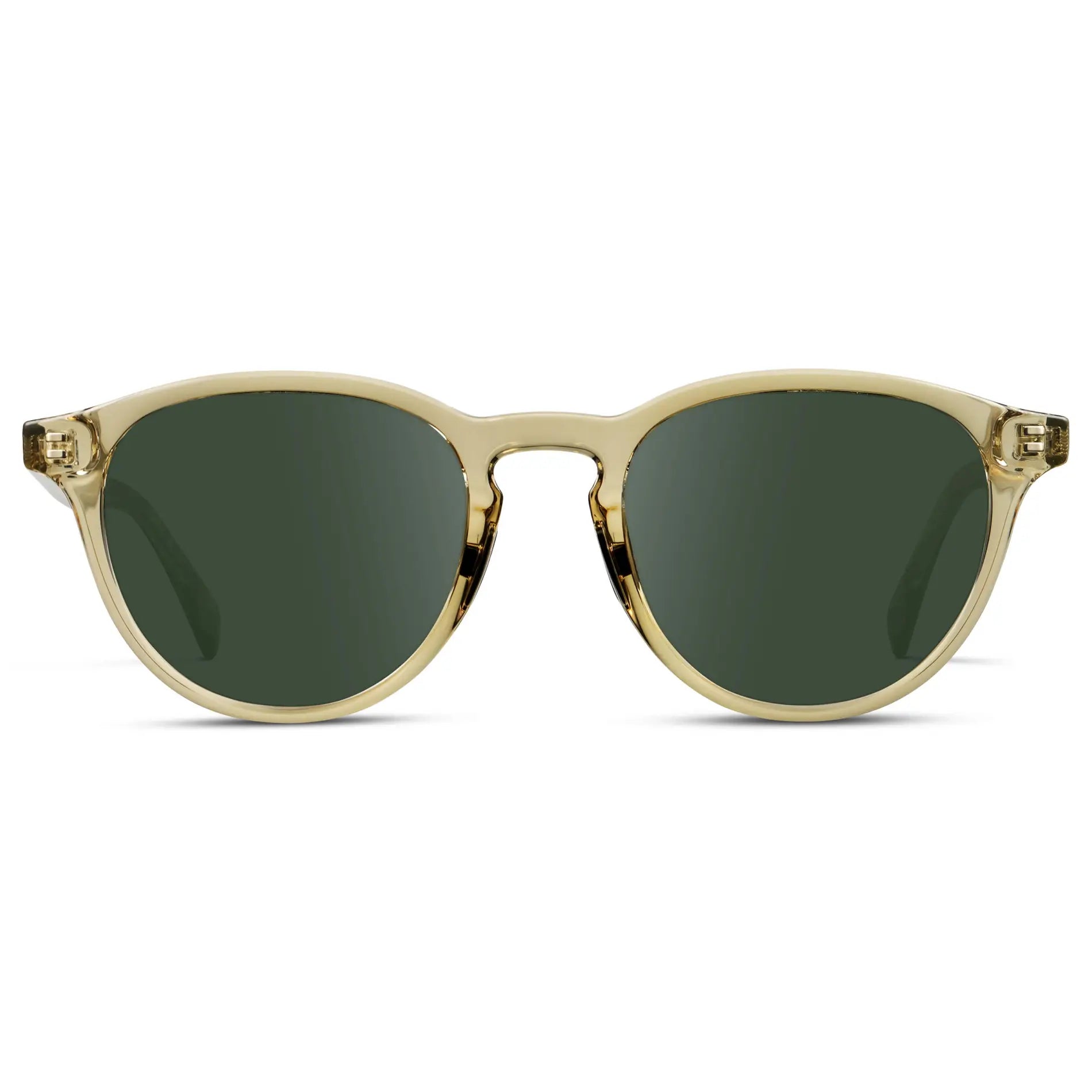 Iris Yellow / G15 || Unisex Round Performance Prescription Sunglasses with Yellow Acetate Frame and Green Lens on a white background