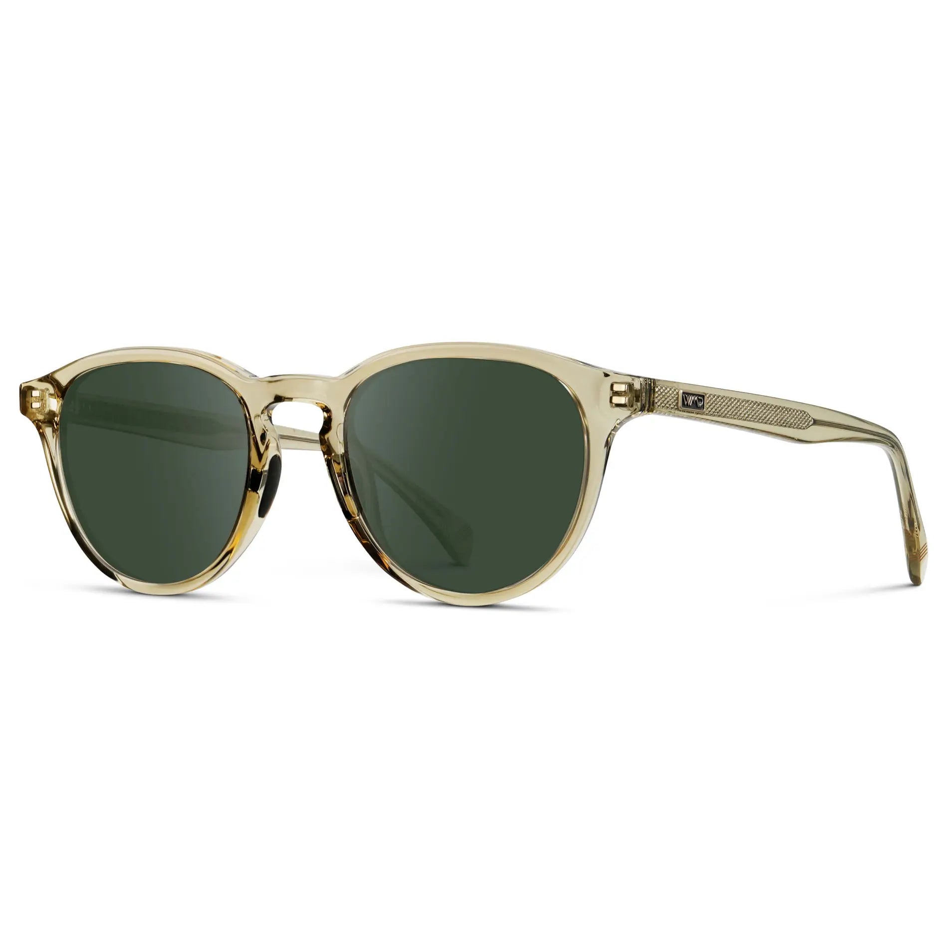 Iris Yellow / G15 || Side view of Unisex Round Performance Prescription Sunglasses with Yellow Acetate Frame and Green Lens on a white background