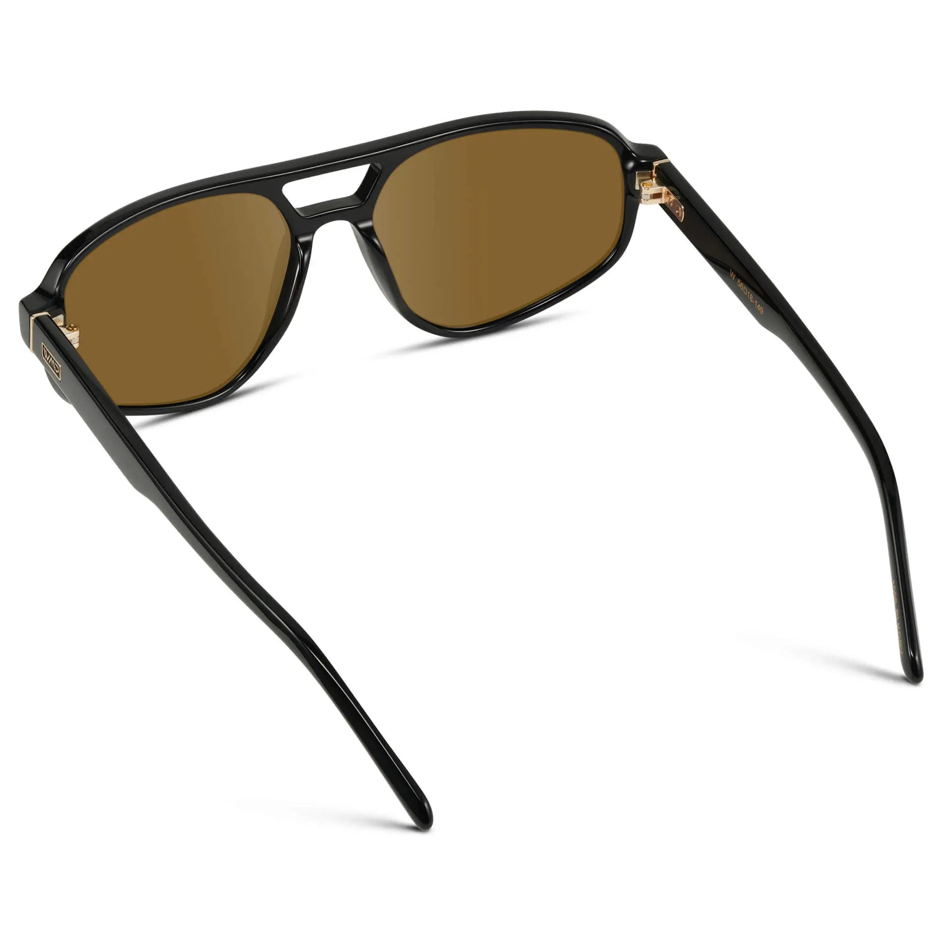 Black / Amber || Back view of Modern Aviator Prescription Sunglasses with Black Acetate Frame and Brown Lenses on a white background