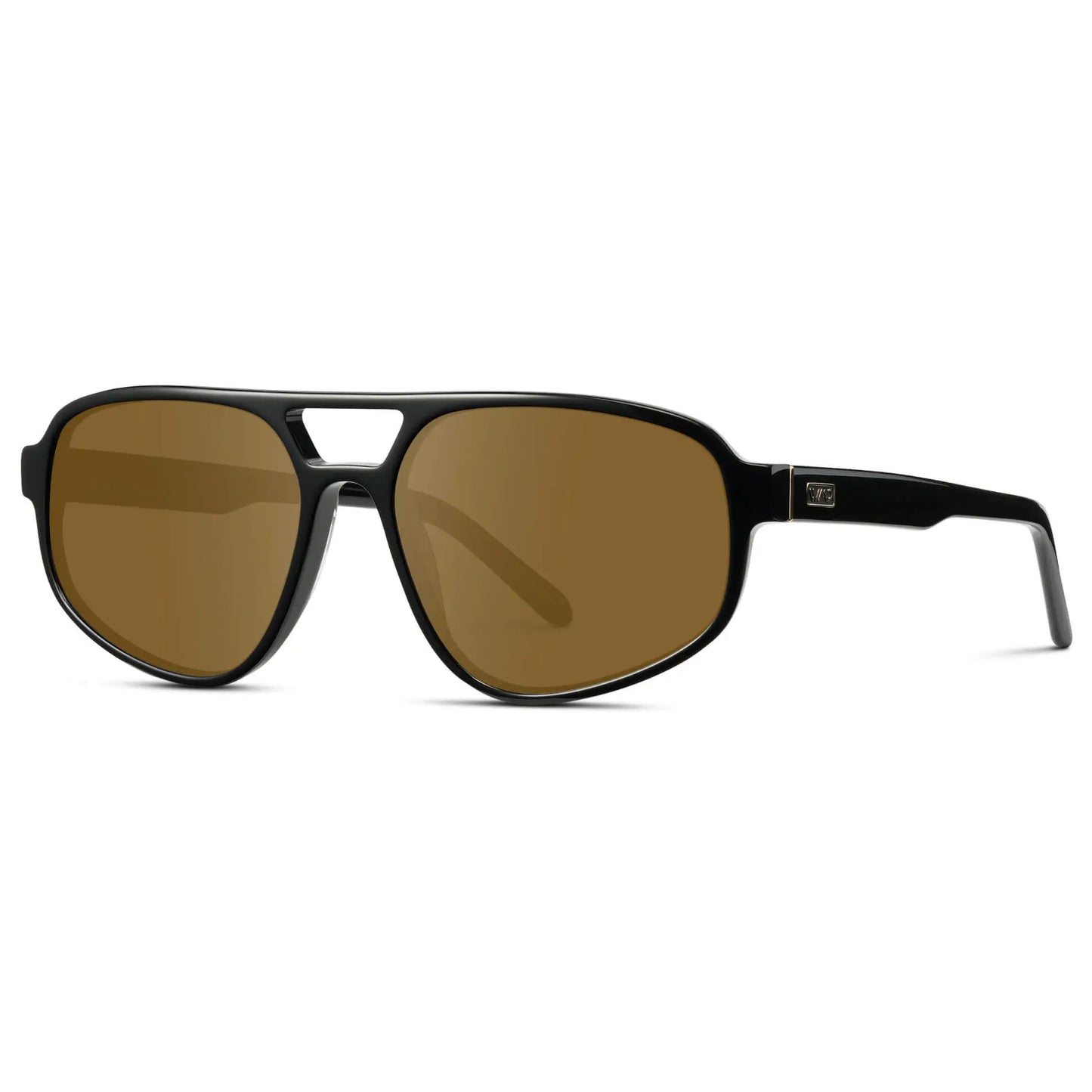 Black / Amber || Side view of Modern Aviator Prescription Sunglasses with Black Acetate Frame and Brown Lenses on a white background