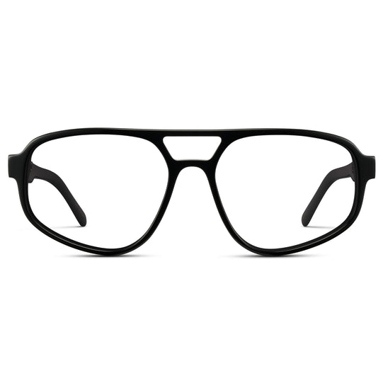 Black || Aviator Frame Glasses with Clear Prescription Lenses front view.