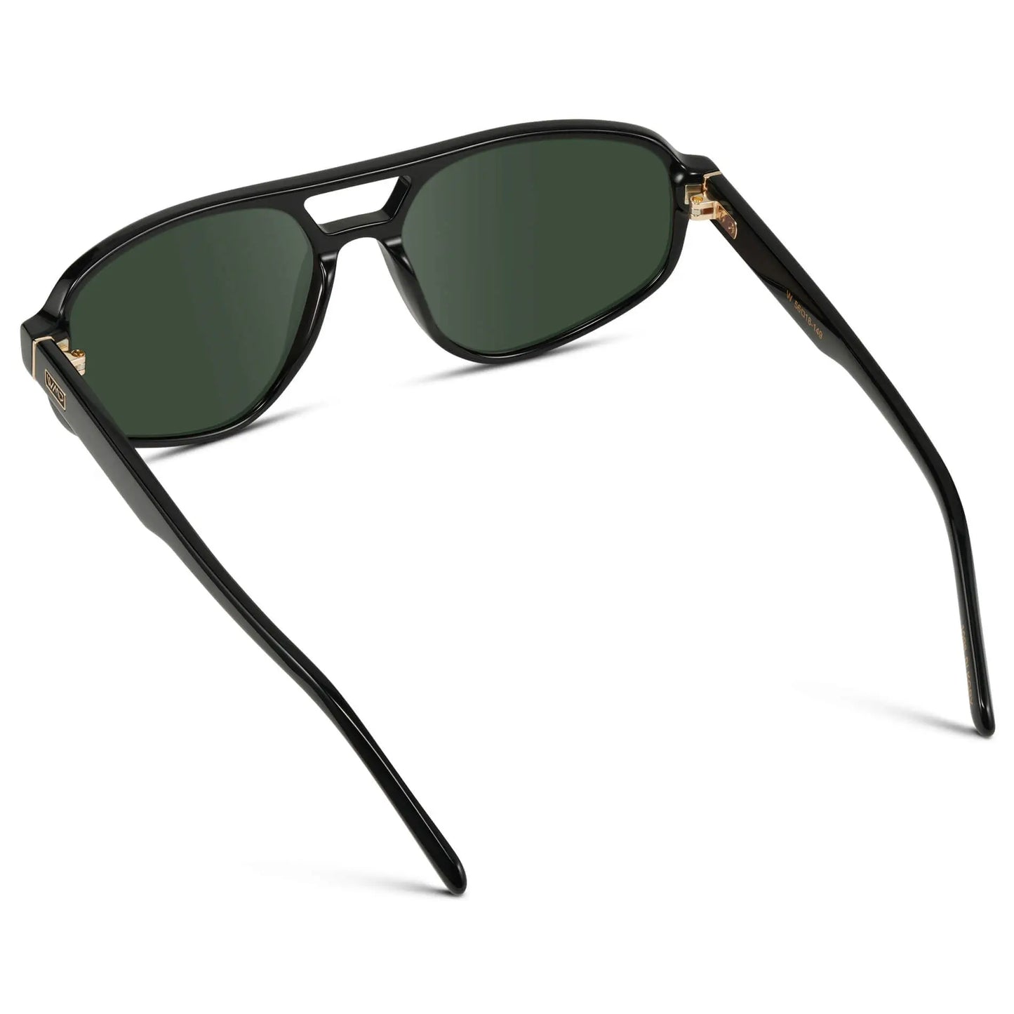 Black / G15 || Back view of Modern Aviator Prescription Sunglasses with Black Acetate Frame and Green Lenses on a white background