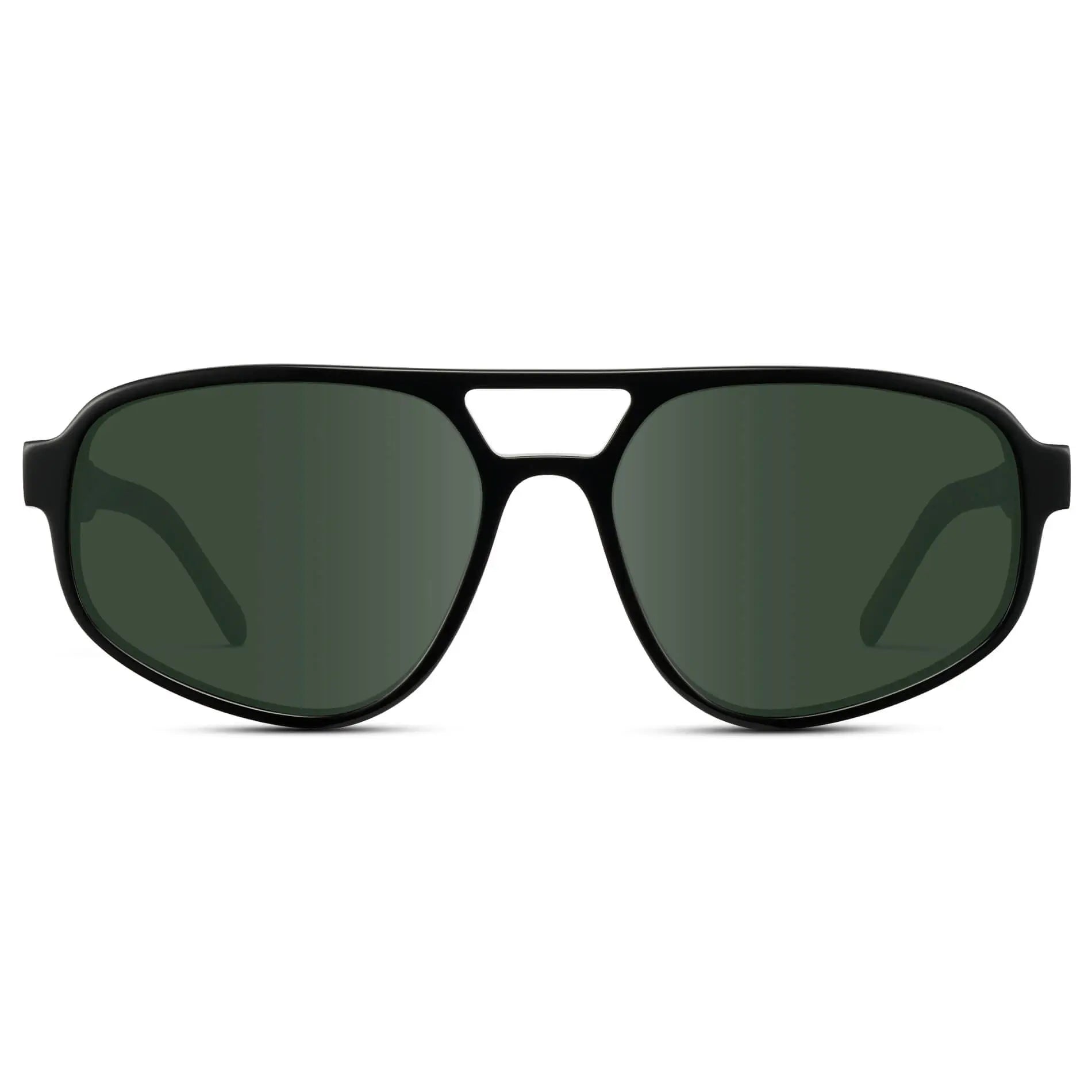Black / G15 || Modern Aviator Prescription Sunglasses with Black Acetate Frame and Green Lenses on a white background