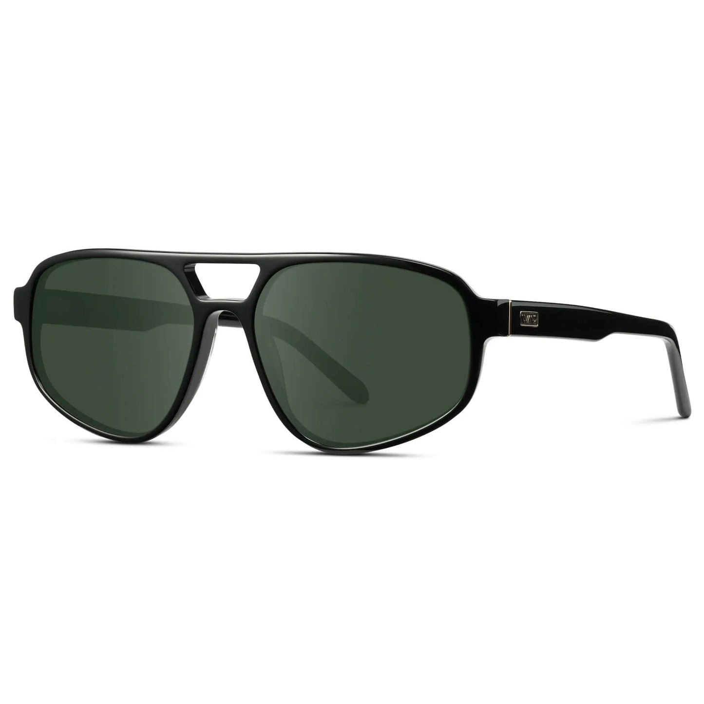 Black / G15 || Side view of Modern Aviator Prescription Sunglasses with Black Acetate Frame and Green Lenses on a white background