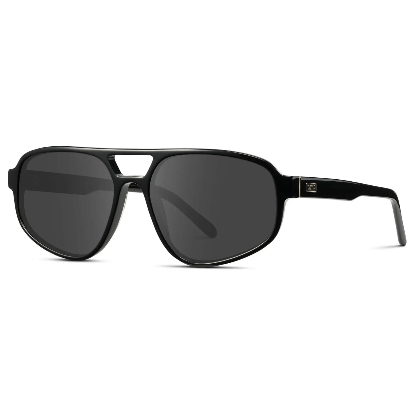 Black / Grey || Side view of Modern Aviator Prescription Sunglasses with Black Acetate Frame and Grey Lenses on a white background