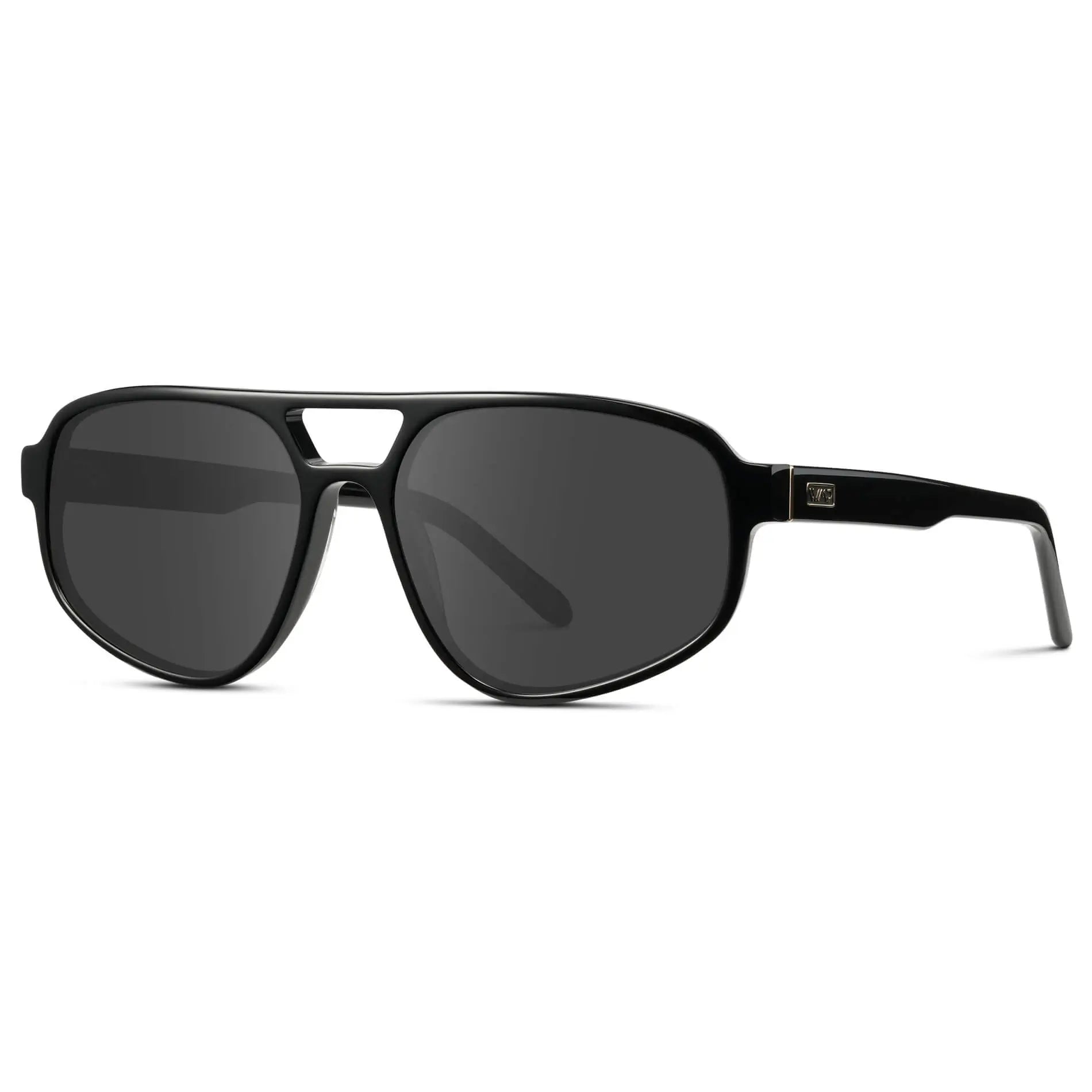 Black / Grey || Side view of Modern Aviator Prescription Sunglasses with Black Acetate Frame and Grey Lenses on a white background