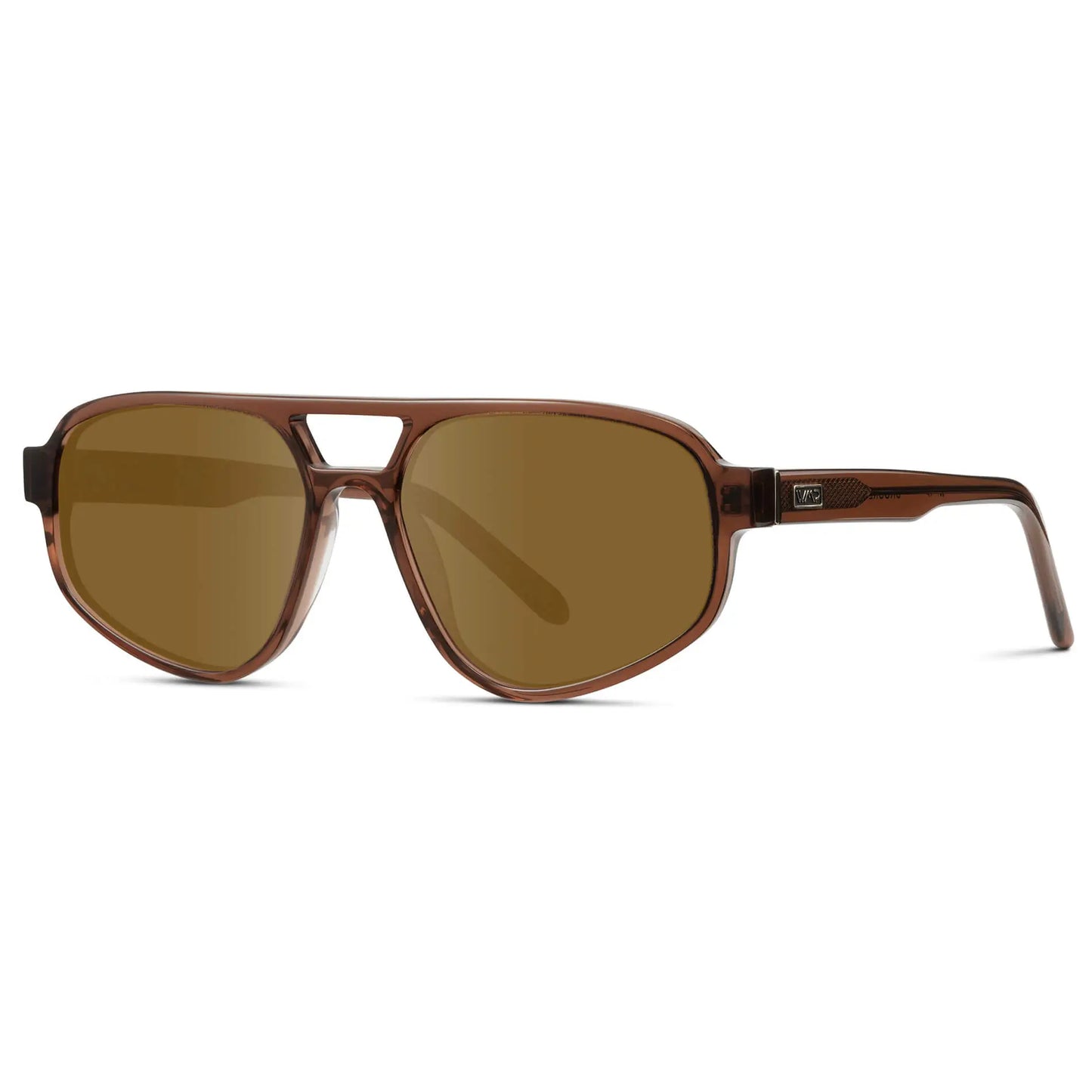 Crystal Brown / Amber || Side view of Modern Aviator Prescription Sunglasses with Crystal Brown Acetate Frame and Brown lenses on a white background