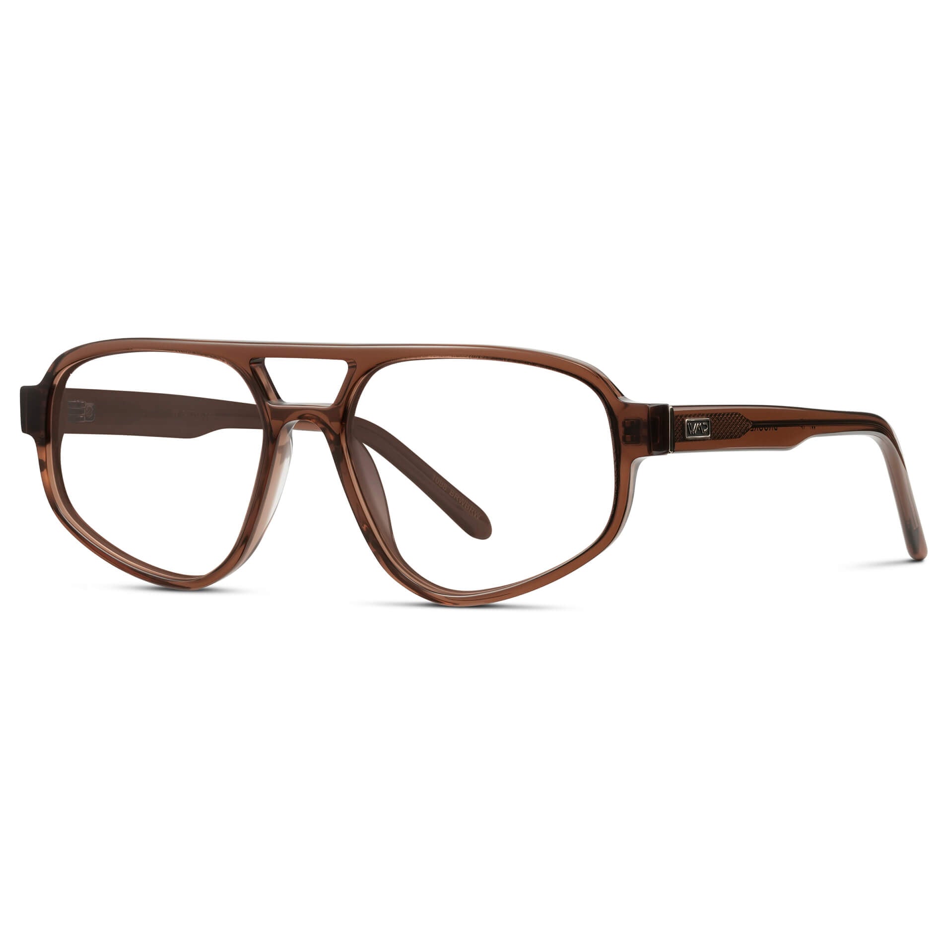 Crystal Brown || Aviator Frame Glasses with Clear Prescription Lenses side view.