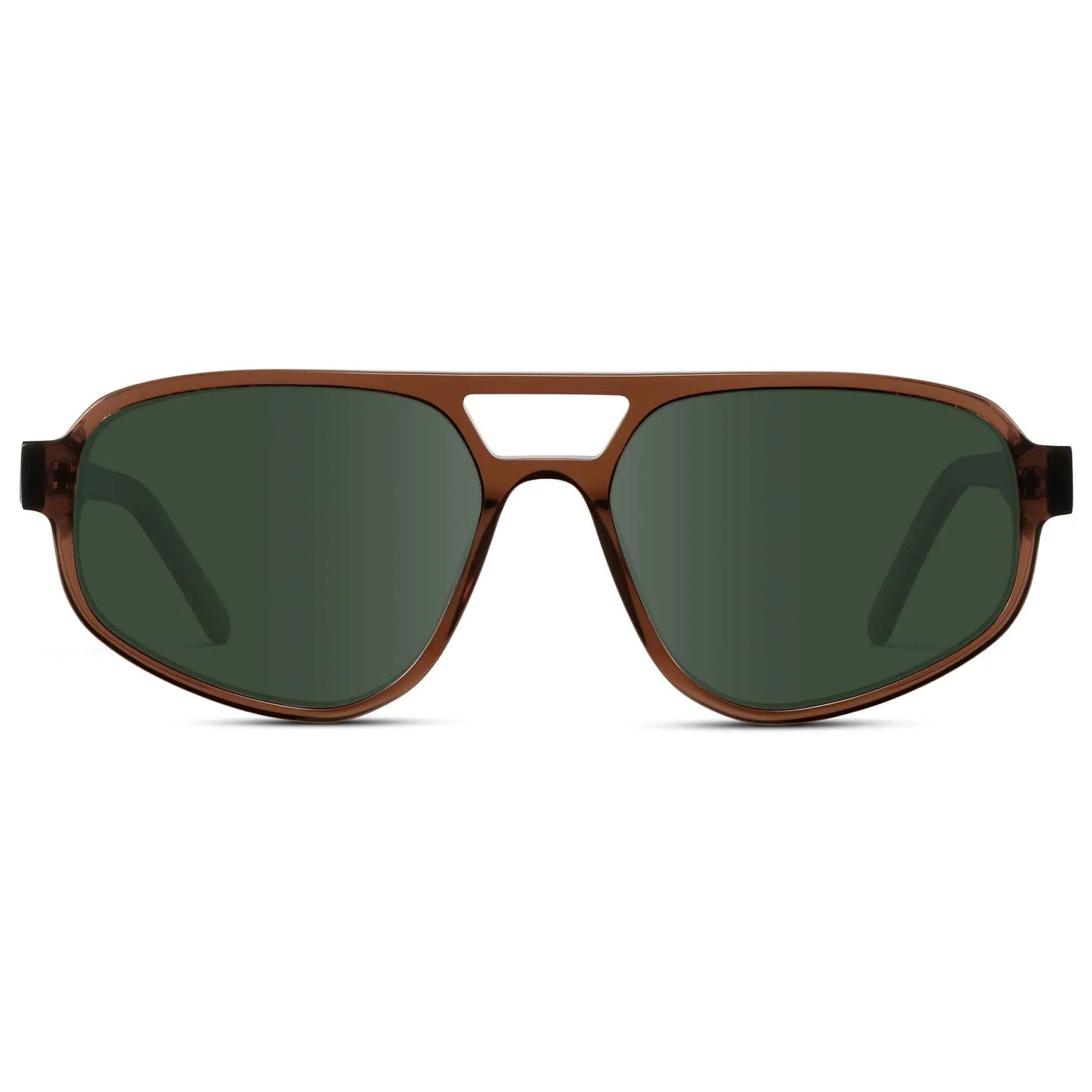 Crystal Brown / G15 || Modern Aviator Prescription Sunglasses with Crystal Brown Acetate Frame and Green Lenses on a white background