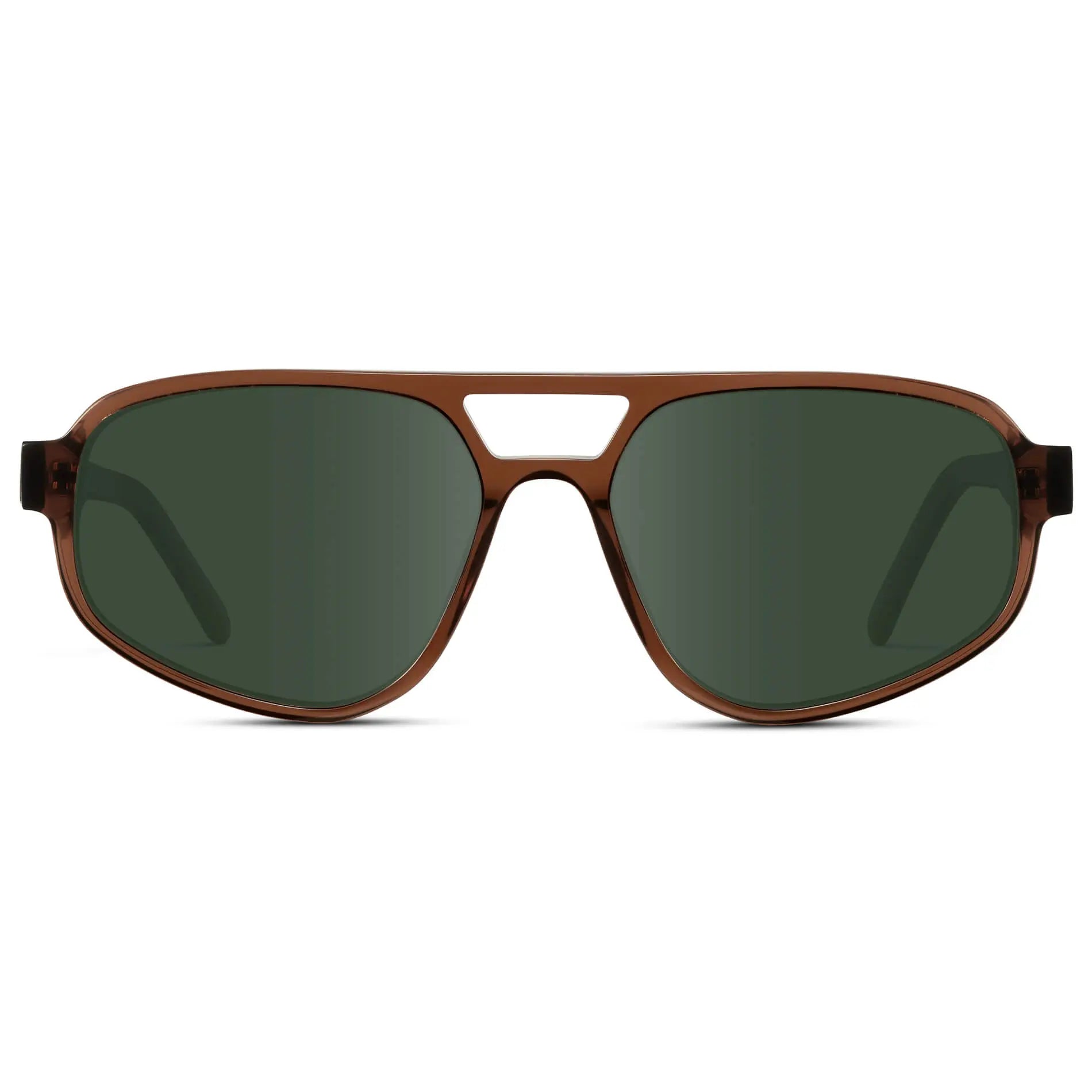 Crystal Brown / G15 || Modern Aviator Prescription Sunglasses with Crystal Brown Acetate Frame and Green Lenses on a white background