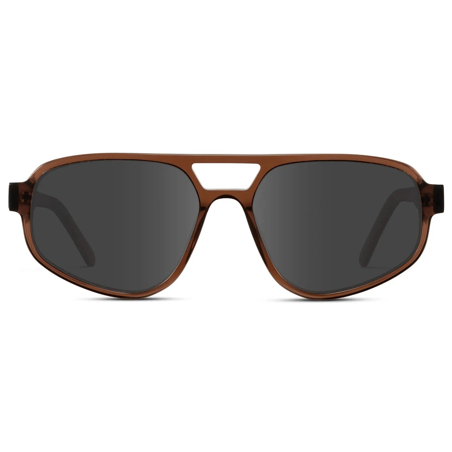 Crystal Brown / Grey || Modern Aviator Prescription Sunglasses with Crystal Brown Acetate Frame and Grey Lens on a white background